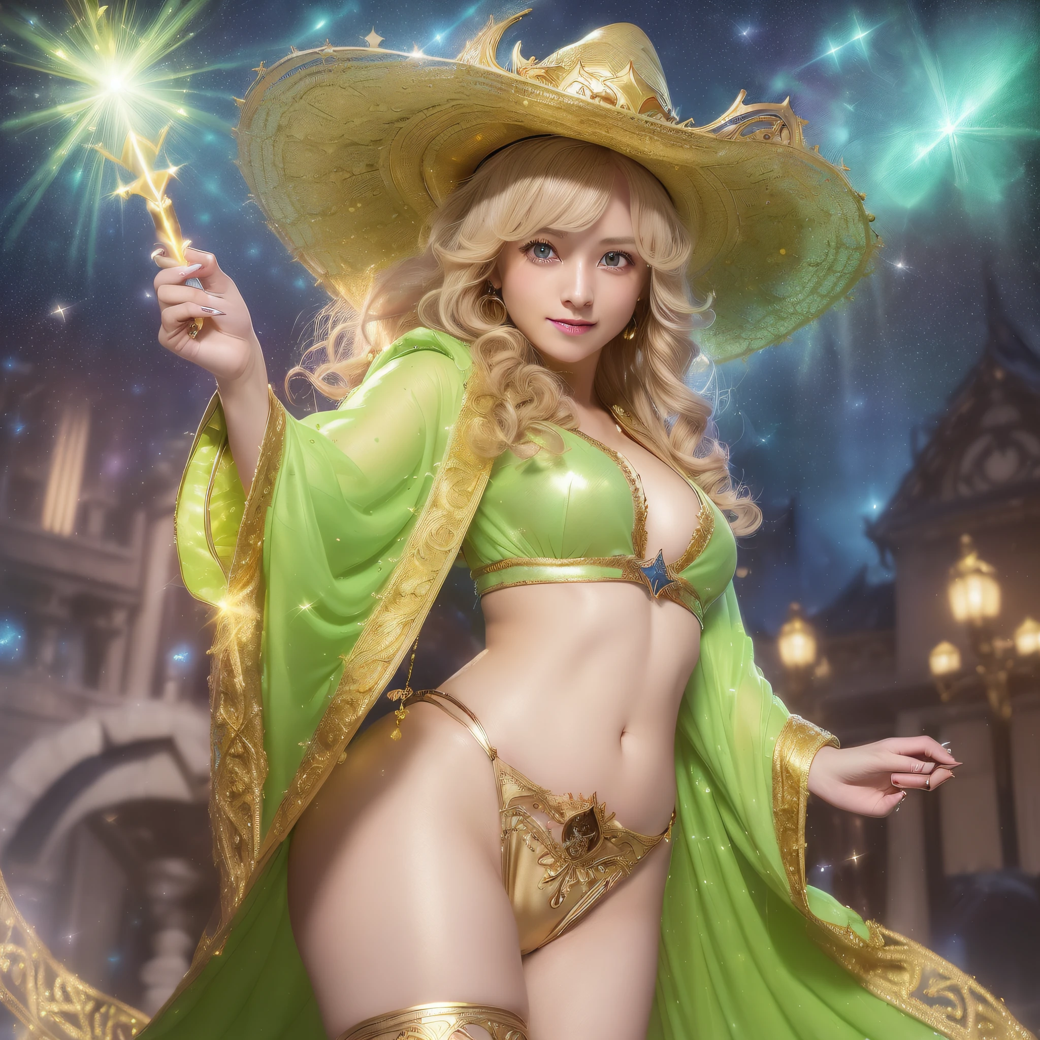 absurdres, highres, extreme detailed,
(1 girl), (medium breasts, voluptuous:1.4), (very gorgeous light green eyes:1.2), grin,
(very gorgeous face:1.3), (light blonde hair, medium hair, curly hair, hair intakes:1.4),
(Golden Witch Clothes and robe, golden hat, Jewelry Decoration, ornate decorations:1.4),
(stomach, highleg),
Palace, outdoor, (Starry sky, shooting stars, crowd, luminous particles, diffraction spikes:1.3),
(magic wand, Magic Effects, Dynamic Pose:1.4),
(cowboy shot, dutch angle, depth of field, blurry background:1.2),