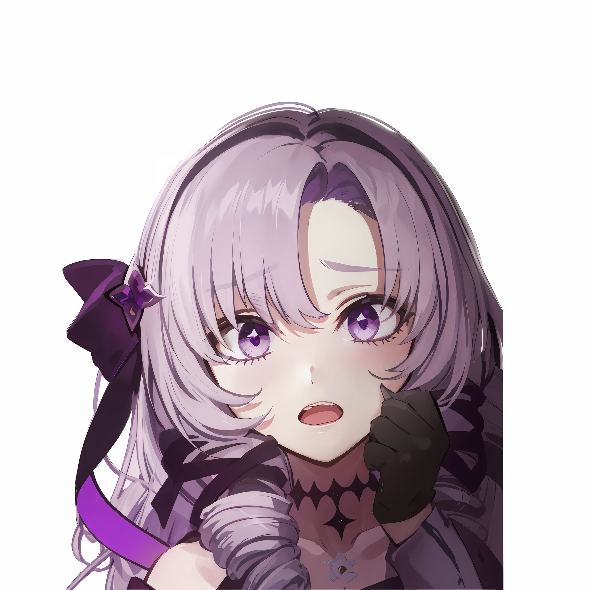 scared expression, panic, open mouth, drill hair, purple ribbon, purple eyes, lilac hair, off-shoulder, diamond in eyes