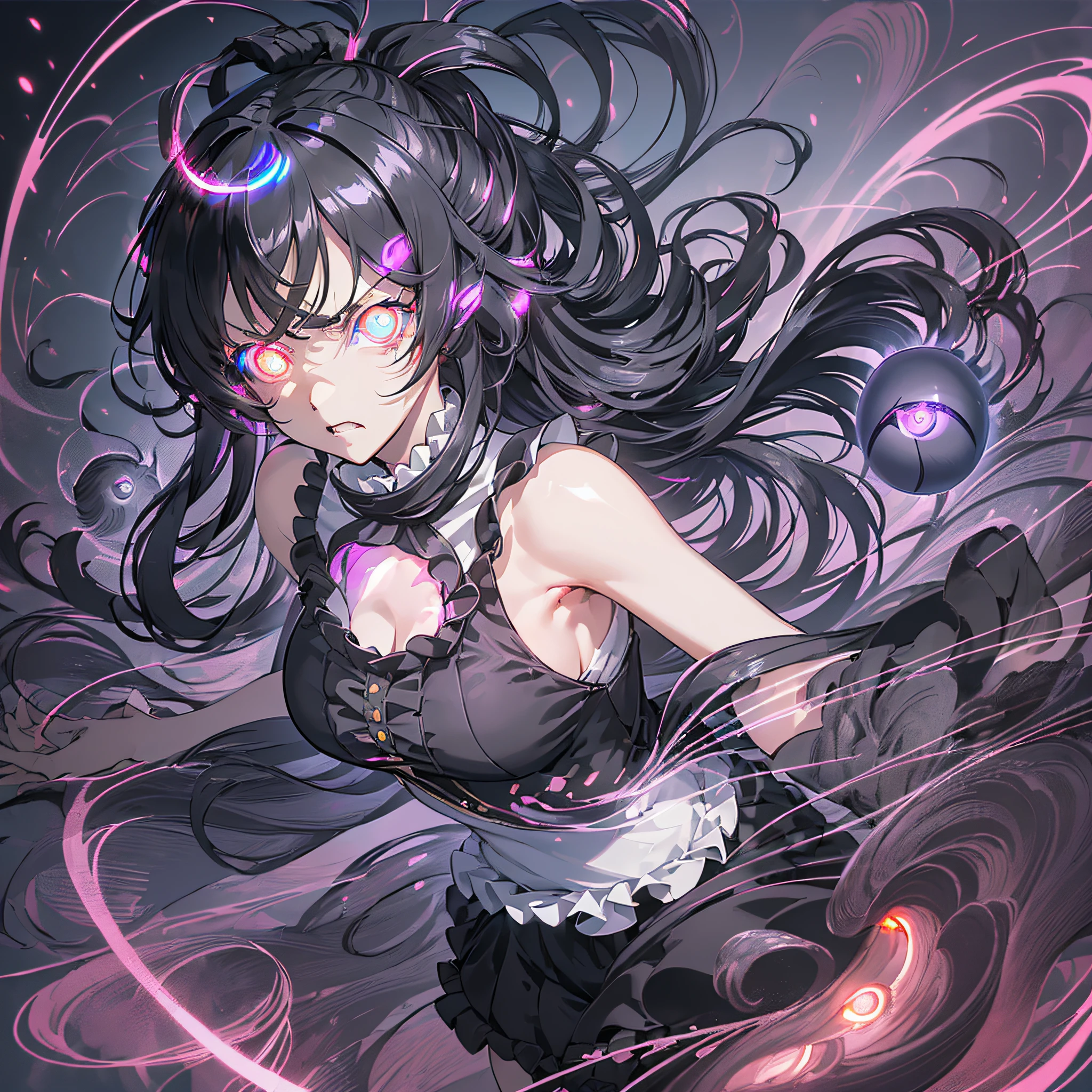 ((masterpiece)), (((best quality))), ((ultra-detailed)), ((illustration)), ((disheveled black hair)),((frills)), (rushing 1 girl), (solo)，dynamic angle，(style:Speed Lines Anime Backgrounds), (beautiful detailed umamusume),(glowing eyes:2.0), running，style：running ，angry annoyed_face，