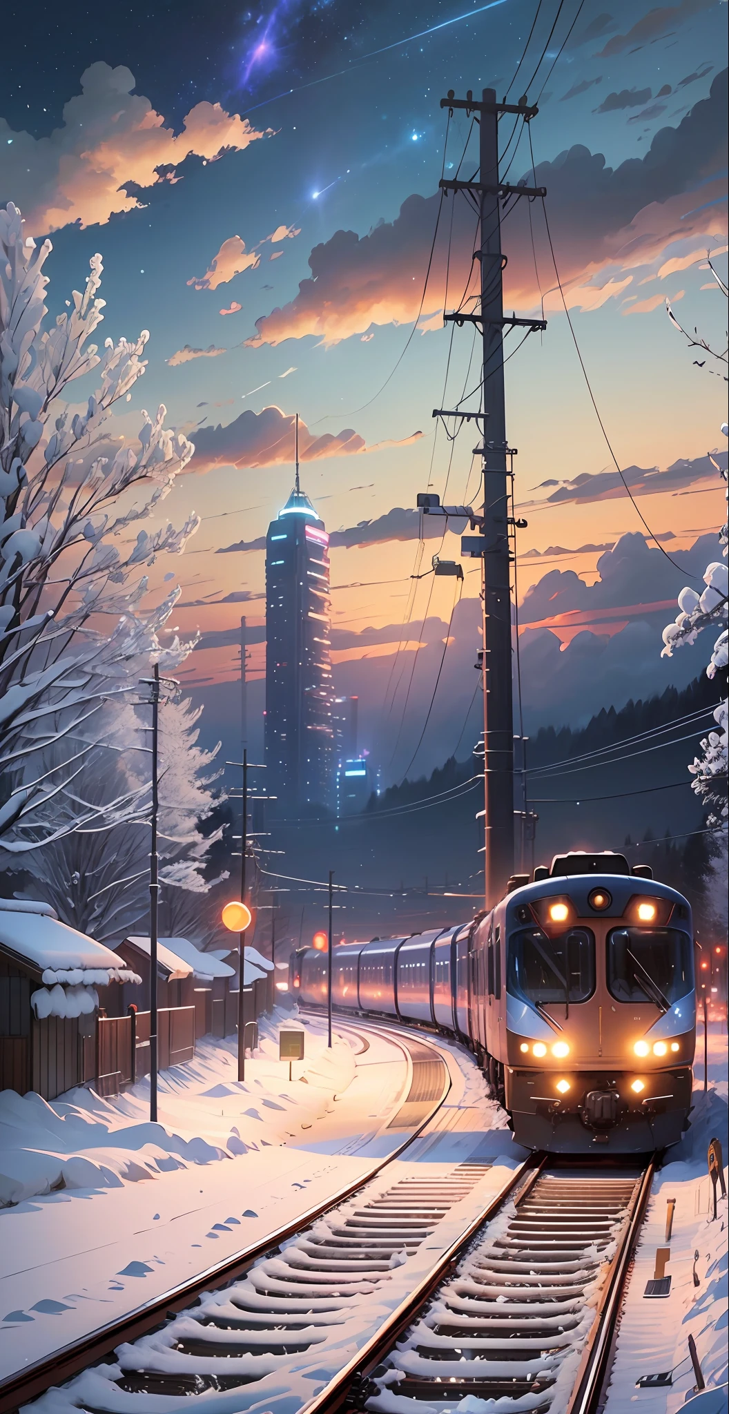 There is a train running along the tracks in the snow, Makoto Shinkai's concept art, tumblr, magic realism, beautiful anime scenes, cosmic sky. by makoto shinkai, ( ( makoto shinkai ) ), anime background art, anime backgrounds, Makoto Shinkai's style, anime movie backgrounds, galaxy express, no humans. --auto --s2