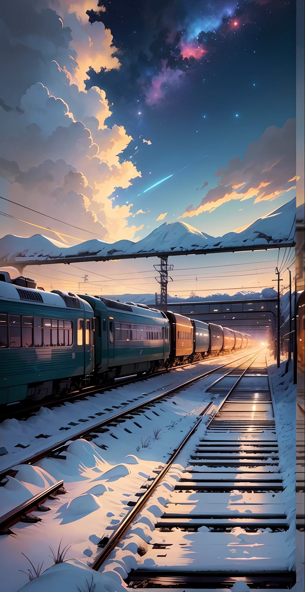 There is a train running along the tracks in the snow, Makoto Shinkai&#39;s concept art, tumblr, magic realism, beautiful anime scenes, cosmic sky. by makoto shinkai, ( ( makoto shinkai ) ), anime background art, anime backgrounds, Makoto Shinkai&#39;s style, anime movie backgrounds, galaxy express, no humans. --auto --s2