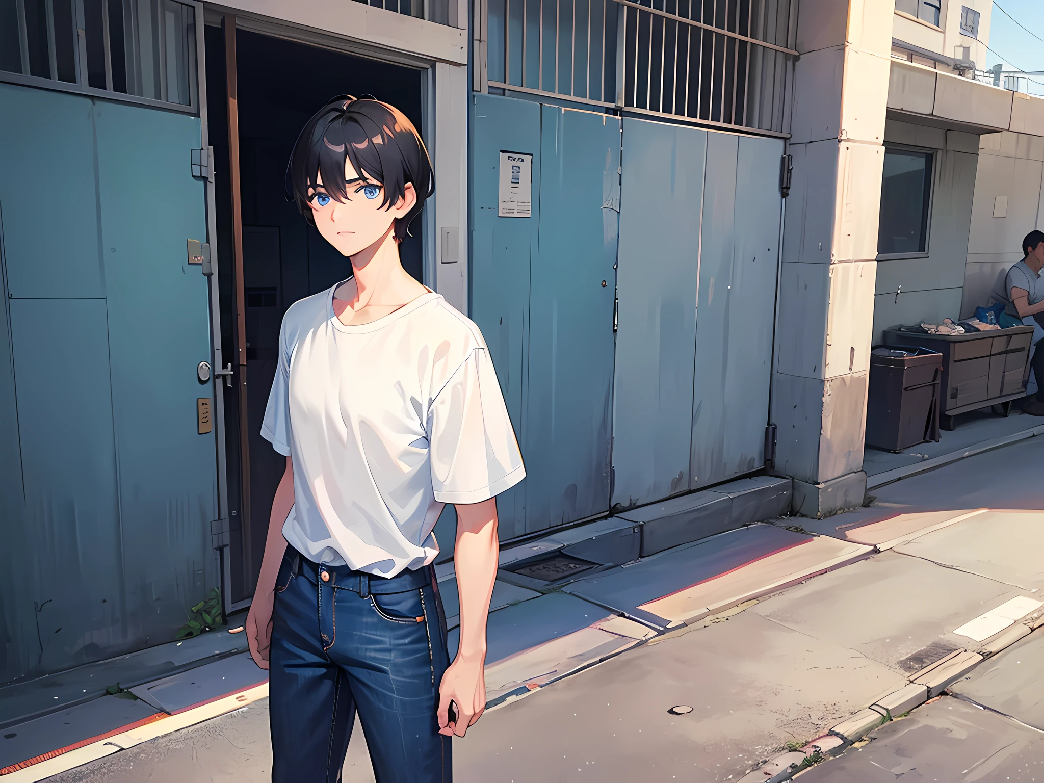 A man with blue eyes, a delicate face, short black hair, wearing short-sleeved jeans, standing in front of the prison, the weather is clear, there are many people on the street, many vendors on the street