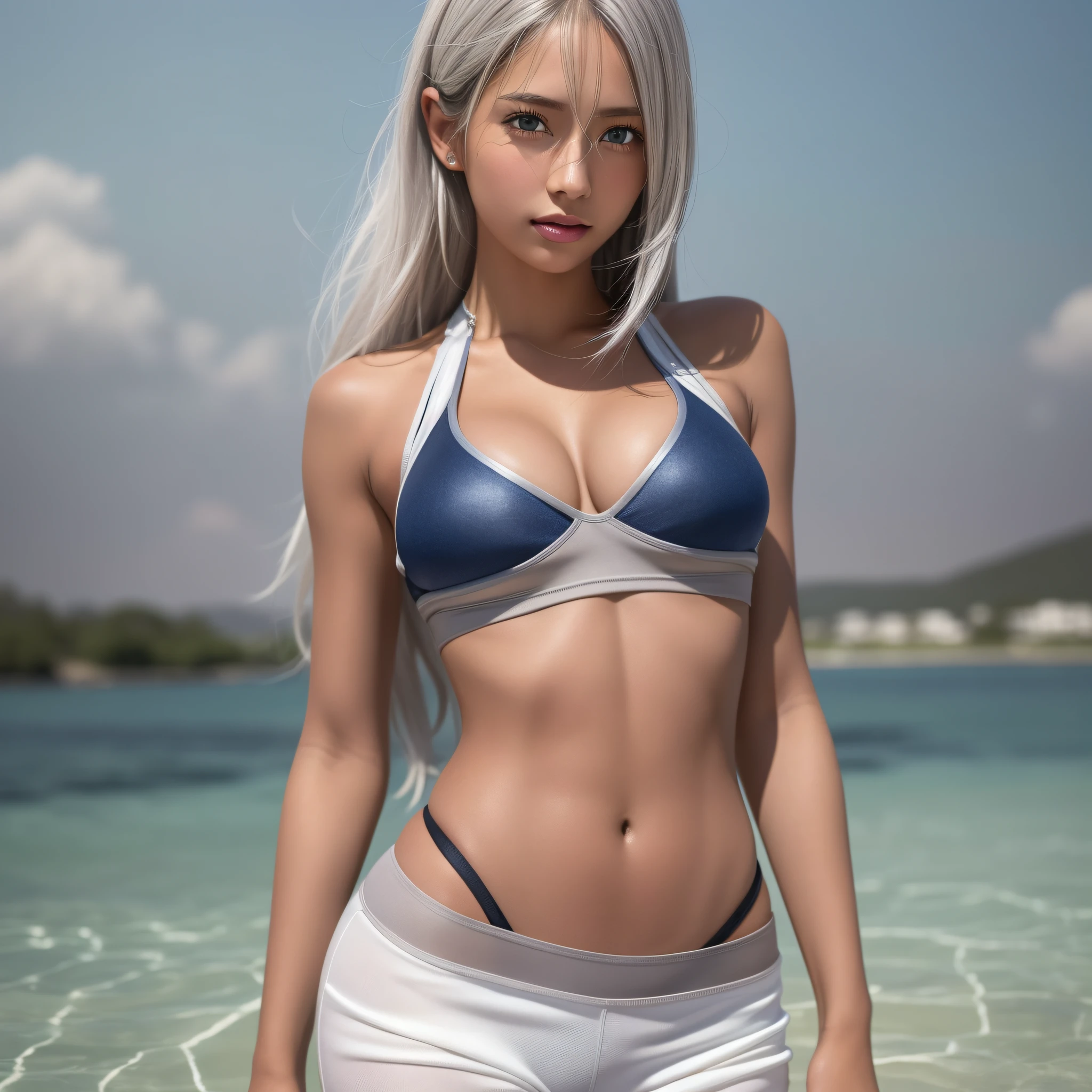 best quality, masterpiece, (realistic:1.2), 1 girl, silver hair, blue eyes, tanned skin, detailed face, beautiful eyes, Sports bra, hot pants,breasts, dark skin, naughty, hide arms behind back, lake side,