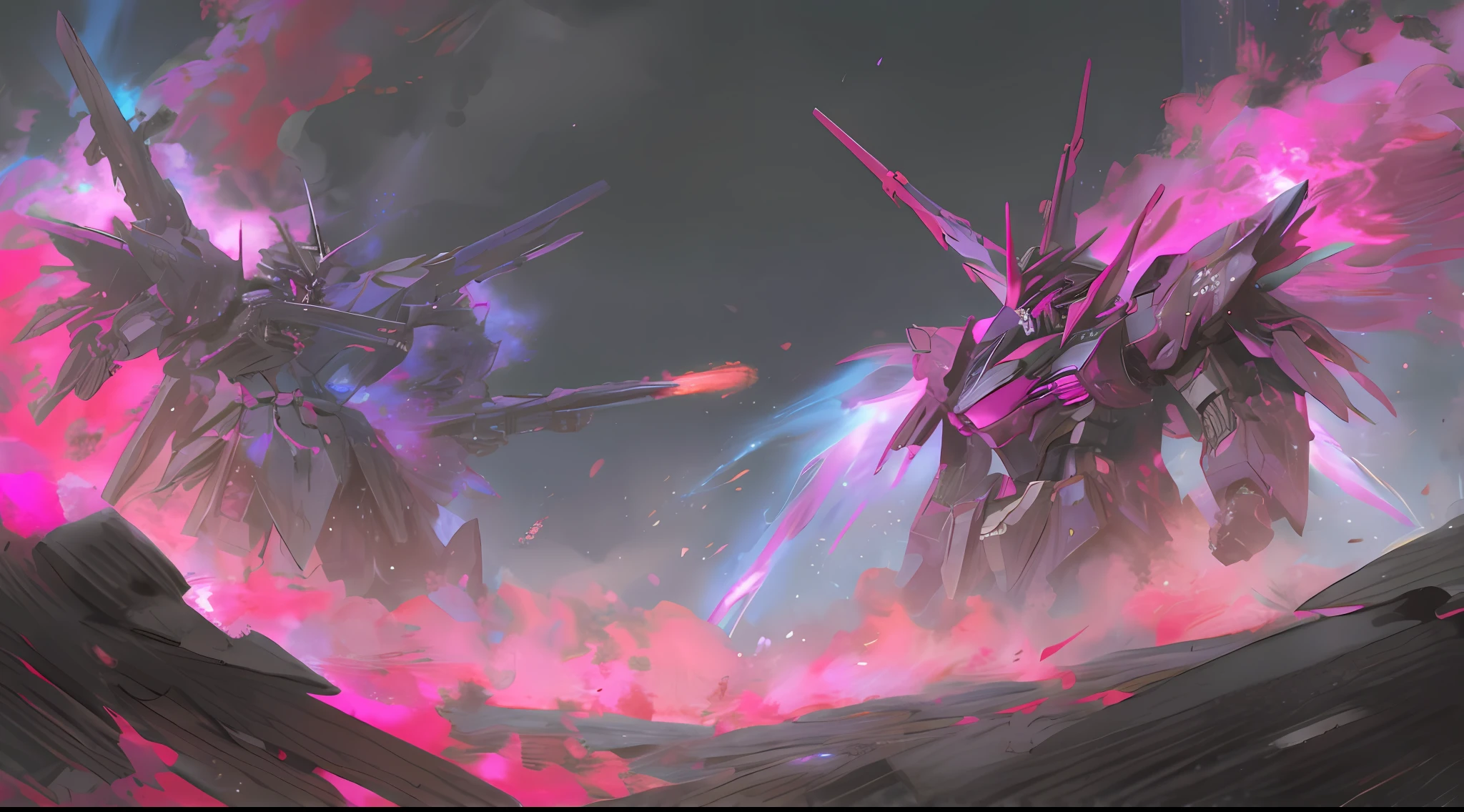 Black and magenta, mecha war in the nebulae of the cosmos