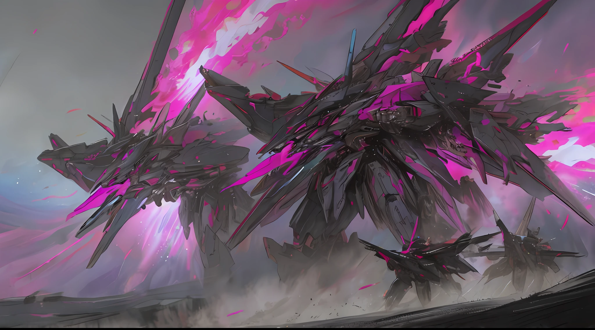 Black and magenta, mecha war in the nebulae of the cosmos