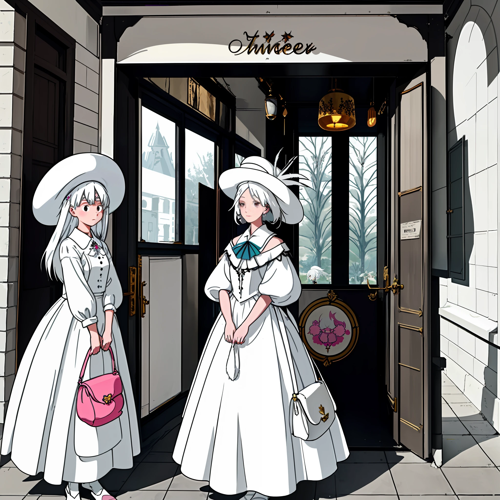 A girl with white hair, empty eyes, a white painted hat with a feather headdress, a pale pink bag, and a dry white dress, obediently sat in the studio and painted