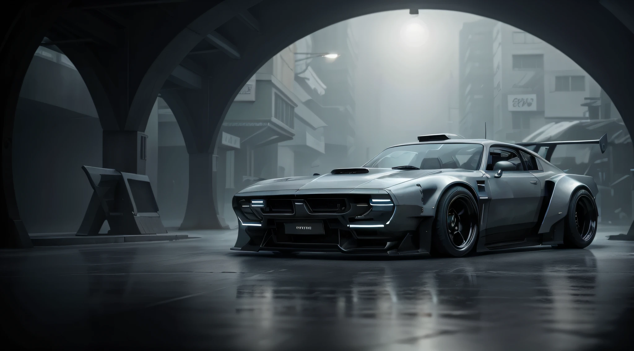 Cyberpunk car, futuristic design, deep shadows, dark palette, gray gradient, bright lamps, technical look, foggy, dark atmosphere.