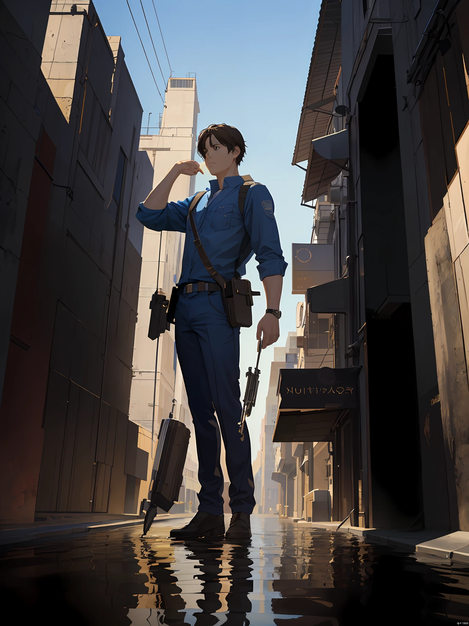 ((masterpiece:1.2, best quality)),movie,official art, promotional art,movie wallpaper,white background,full body,concept art,turnaround,reference sheet,production art,background,outdoor,original,raw photo,highres, (realistic, photo-realistic:1.2), ultra detailed, physically-based rendering,1boy,machinery, puddle, reflection,