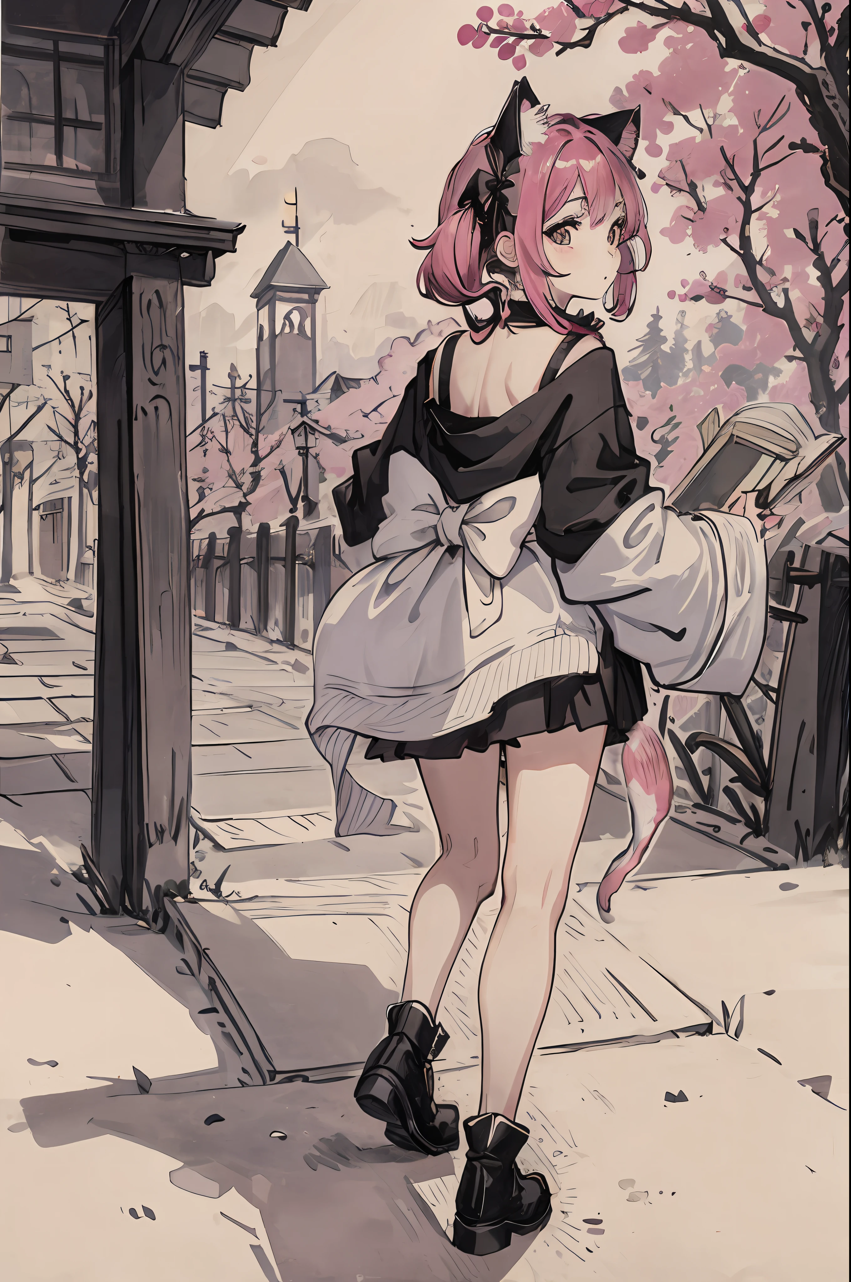 cat, magenta and black, cute, masterpiece, full moon, alley, books