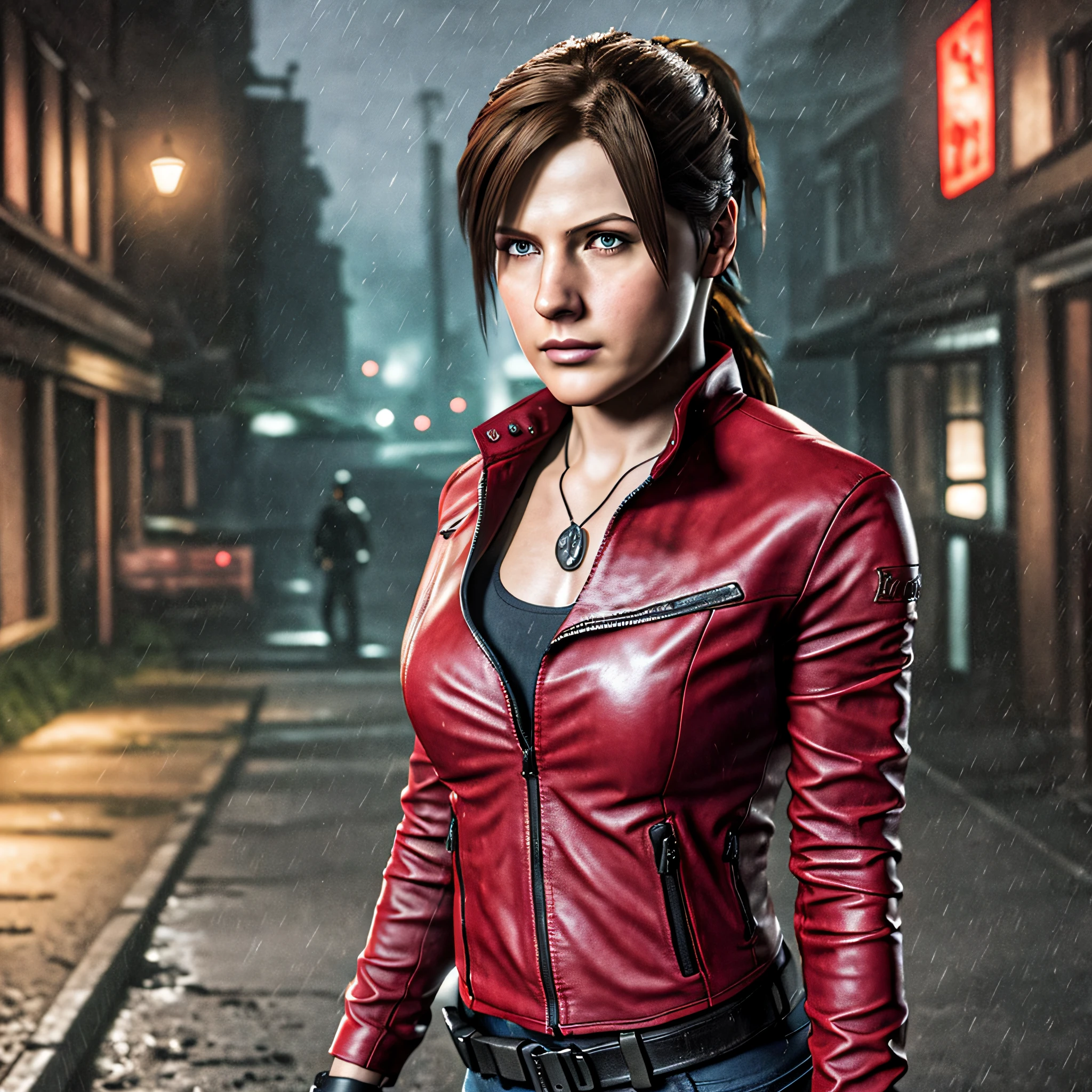 Claire redfield (Resident Evil 2), best quality, masterpiece, wearing black tank top, bright red long sleeves leather jacket outside, pony tail hair tie, dark brown hair color, breast, dark streets in the background, night, dark atmosphere, depth of field, soft american girl face, detailed face, high resolution, super realistic