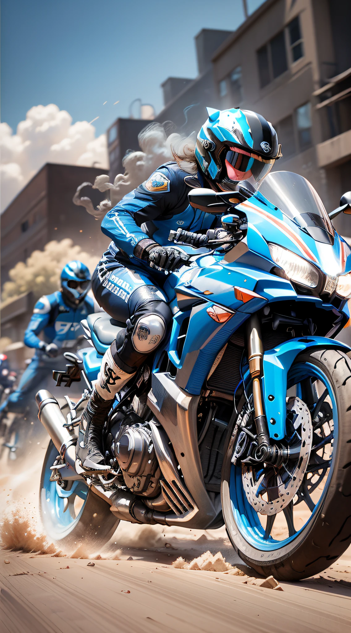 / Imagination Tip: [Illustration] Comic page, there are several panels on one page: in the smoke-filled city (Vista), several male and female racers riding motorcycles, racing frantically in alleys, tires rubbing ground sparks, smoke and dust (GoPro, f/2.8, motion blur, long exposure, diffuse backlight). [Multi-angle, continuous shooting] in Charlie Bovott's style, cobalt blue and reflective silver, motion picture film P30, asymmetrical composition