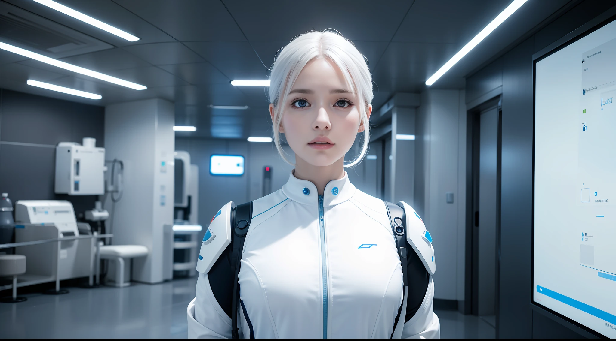 technological advances in healthcare, stylish white clothing, futuristic environment, vibrant, photorealistic, realistic, dramatic, cinematic lighting, sharp focus, 8k