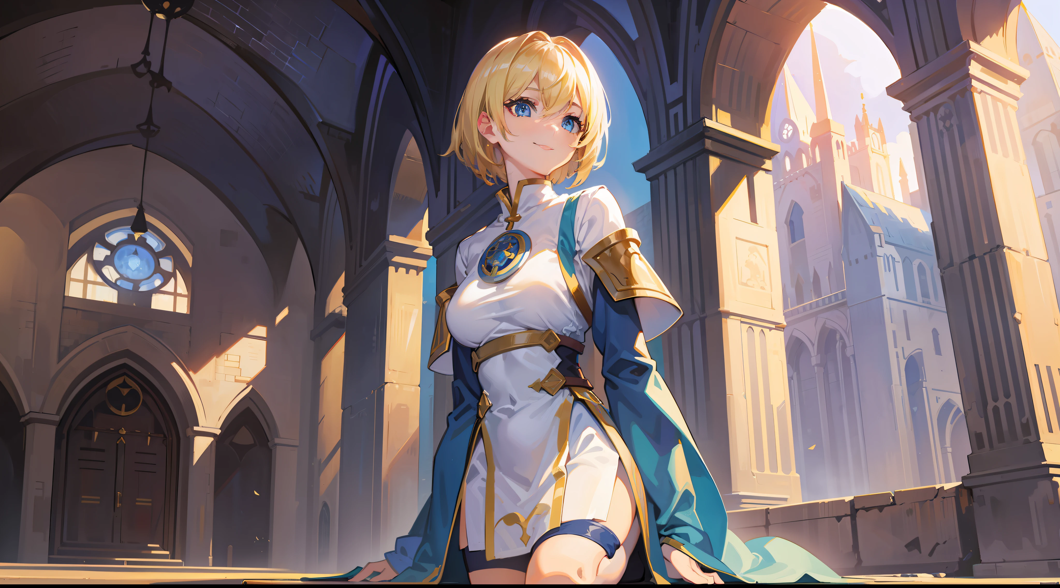 a girl, cleric, blonde, short hair, bright blue eyes, beautiful breasts, hair between eyes, bangs, full body, confident, heroic posture, smiling, socks above the knee, fantasy, medieval, rays of sun