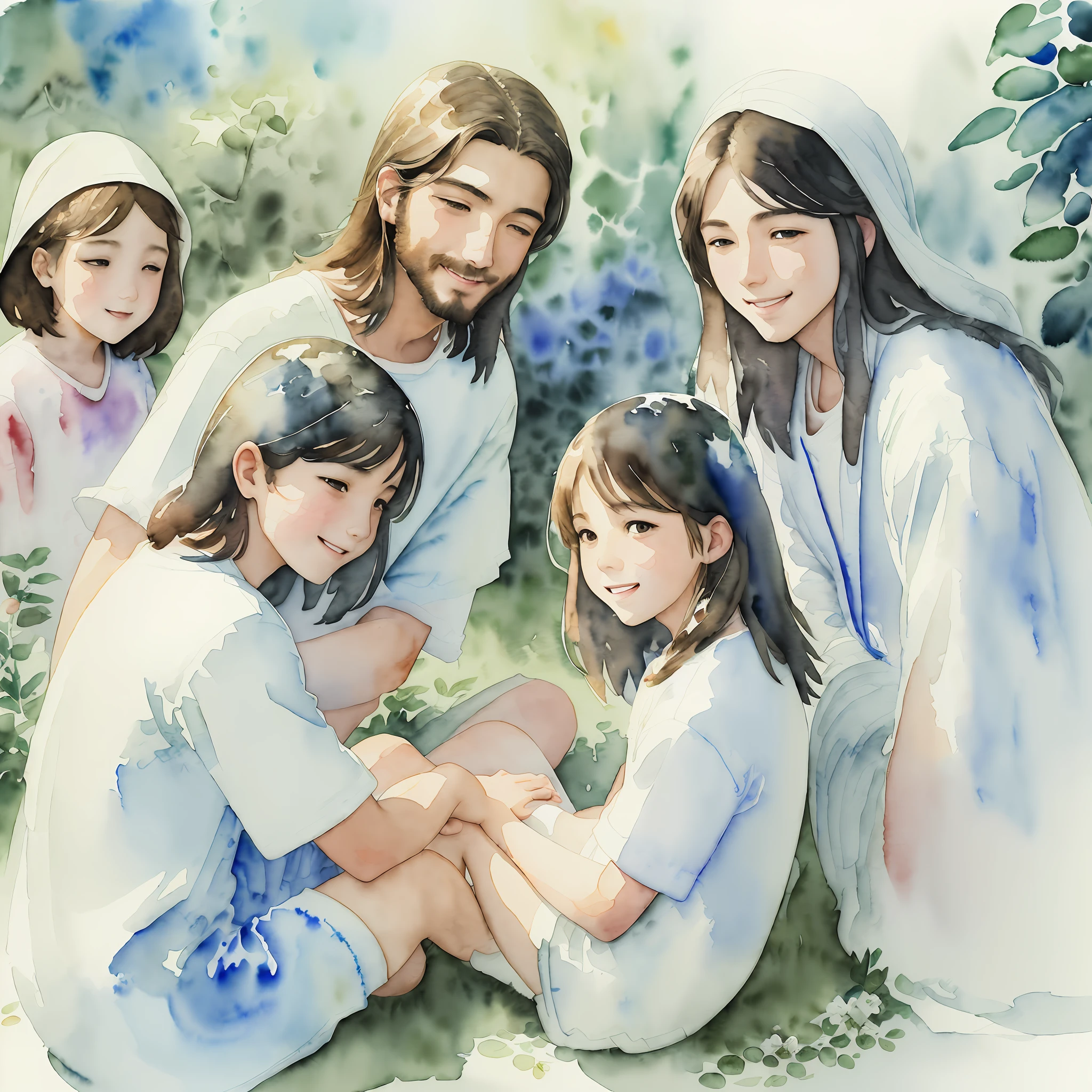 Jesus Christ (adult man) beautiful smiling (((biblico)), sitting on the floor of a garden, surrounded by children ((white, black and Asian)) admiring him (beautiful photograph inspiring and bringing peace) high quality of image and detail (((watercolor style))) --auto --s2