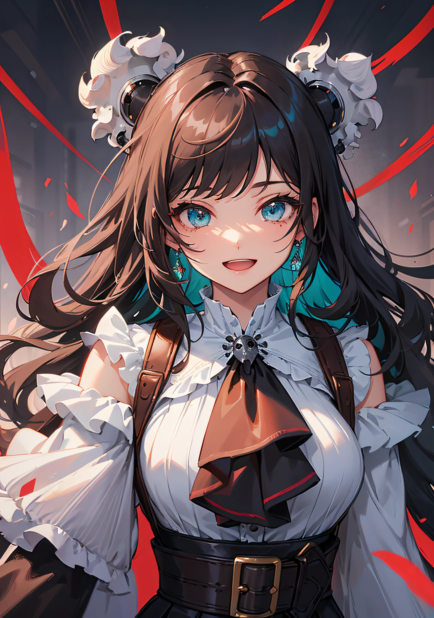 ((masterpiece)), (((best quality))), ((ultra-detailed)), ((illustration)), ((long black disheveled wavy hair)), ((frills)), (1 girl), dynamic angle, style: dark blood color, floating, fluttered detailed splashs, beautiful detailed Meteor Storm, beautiful detailed dark blood, beautiful detailed blue eyes, overexposure, :d and smile, side blunt bangs, hairs between eyes, arm_up , blunt_bangs ,brown_belt , buttons, cowboy_shot,red fur-trimmed aqua_jacket, fur_trim ,glint,pleated and striped white green_miniskirt, hand_up , jacket_on_shoulders,long_sleeves, looking_at_viewer, mace , open_detailed clothes, open_mouth ,outstretched_arm , red_shoulder_sash ,single_stripe ,standing, two_side_up, upper_teeth, waist_cape,white_ascot , flying skulls,scifi hair ornaments of skull,