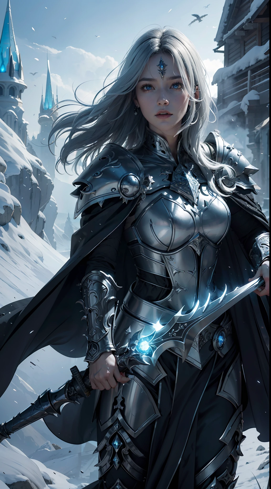 8k,ultra detailed, masterpiece, best quality, (extremely detailed), dynamic angle, Mysterious expression, wind effect, fantasy background, rim lighting, cinematic light, ultra high res, 8k uhd, film grain,best shadow, delicate, RAW, light particles, detailed skin texture, detailed armor texture, detailed face, intricate details, ultra detailed, bright, strong, silver armor, (holding weapon), slashing, slash action, pauldrons, glowing eyes, long cape, fantasy, (realistic), shoulder armor, complex, intricate, perfect lighting, looking at viewer, cinematic lighting, flying in sky,flying, holy light, vivid, bangs, windy, frozen mountains, long white wavy hair, lich queen