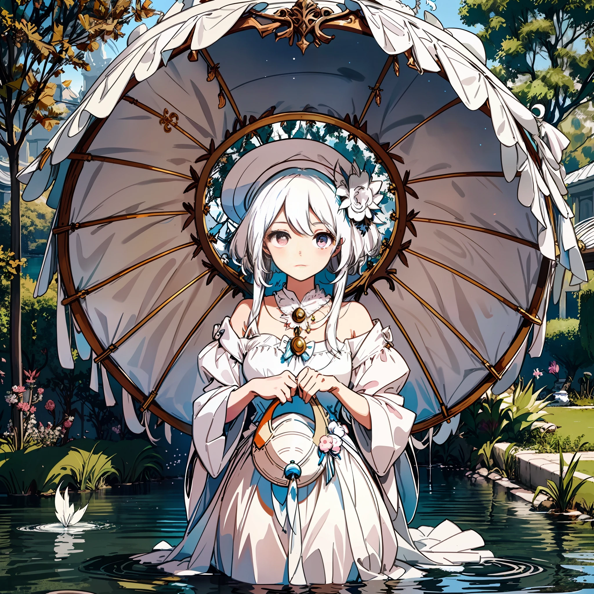 The white-haired girl, with empty eyes, a white painted hat with a feather headdress, a pale pink bag, a dry dress, she obediently knelt on the water