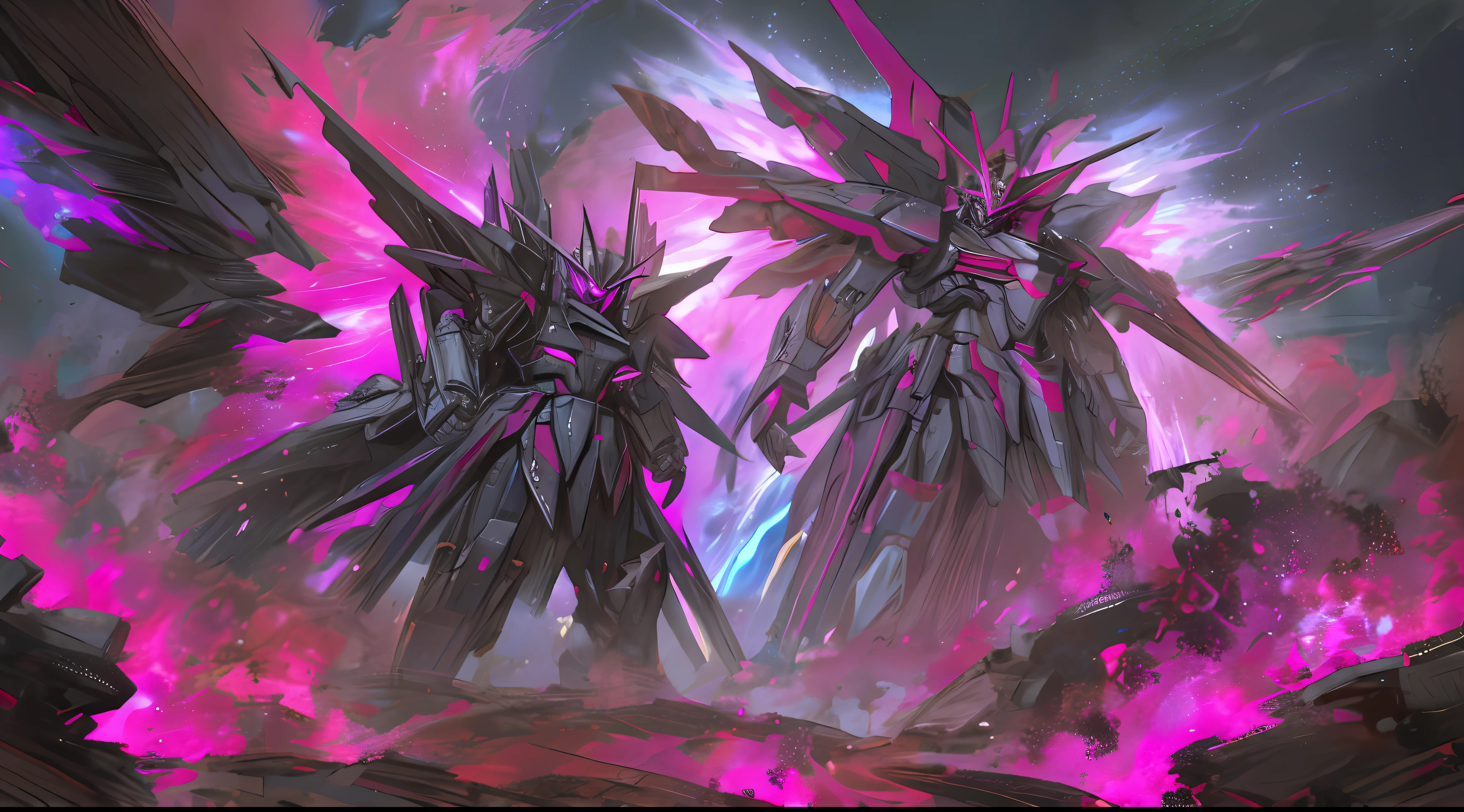 Black and magenta, mecha war in the nebulae of the cosmos