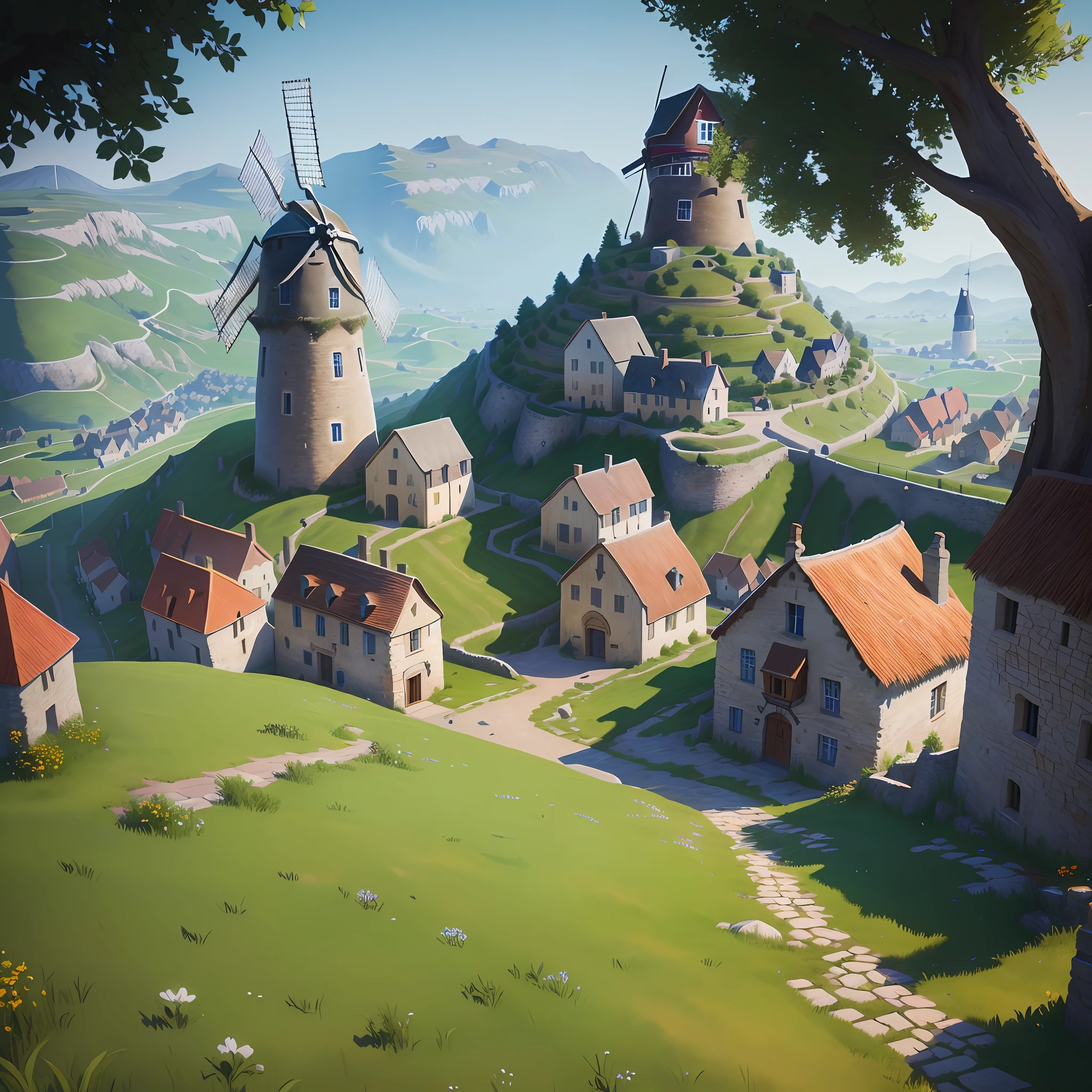 a close up of a small town on a hill with a windmill, villages , unreal engine, medieval village on the plains, ingame image, french village exterior, realism in style of fornite game, whiterun in the style of pixar, medieval coastal village, beautiful screenshot, a small medieval village, distant village background, stylized shading, town background, quaint village