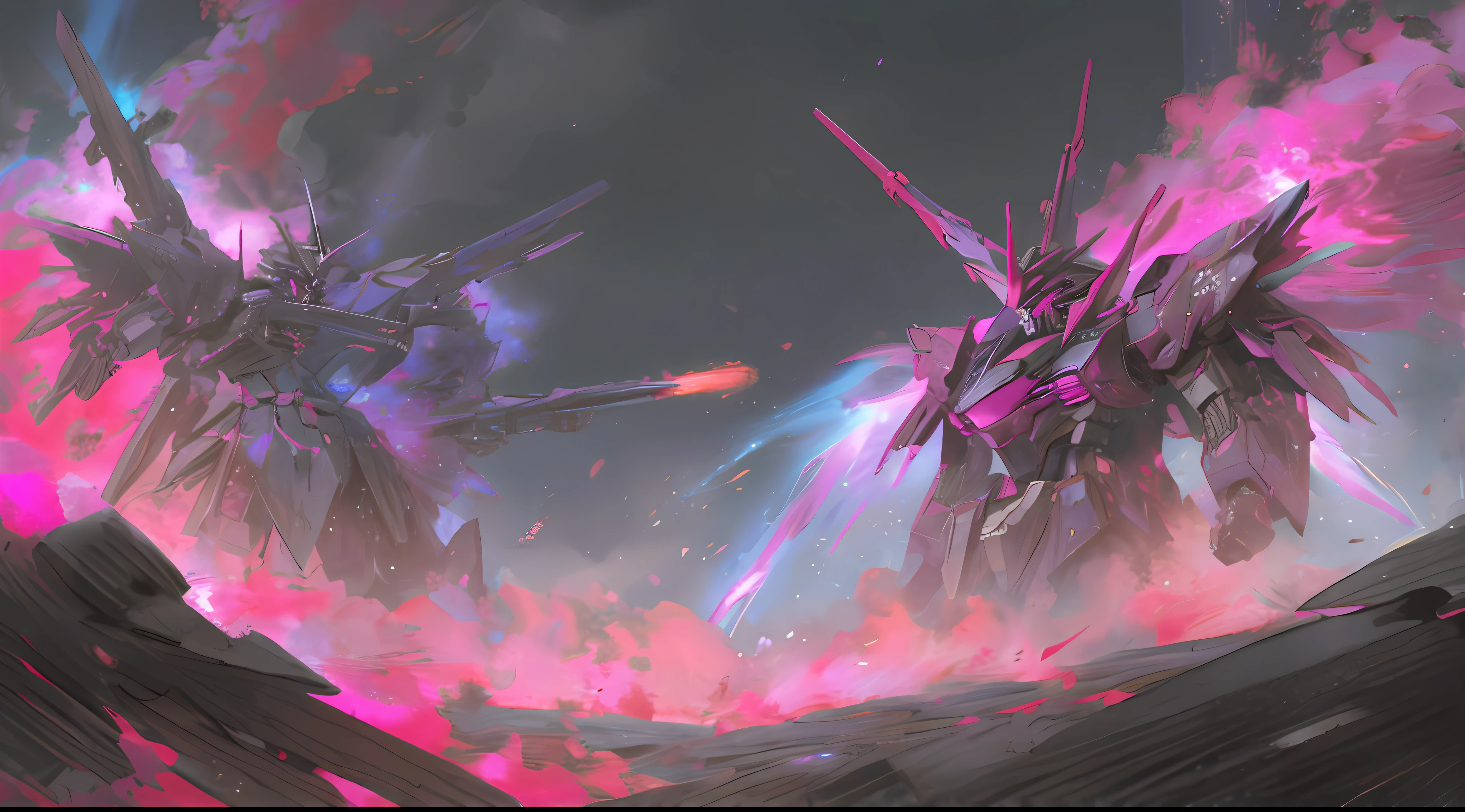 Black and magenta, mecha war in the nebulae of the cosmos