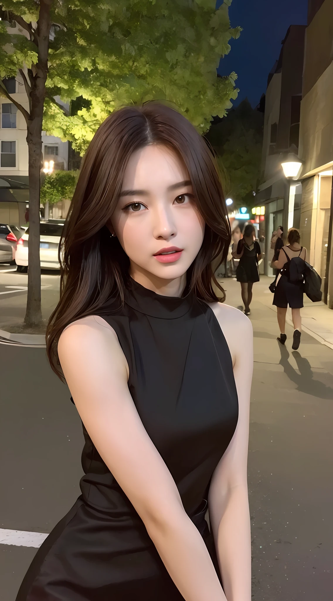 ((Realistic lighting, Best quality, 8K, Masterpiece: 1.3)), Focus: 1.2, 1girl, Perfect Body Beauty: 1.4, Slim Abs: 1.1, ((Dark Brown Hair)), (Aqua Dress: 1.4), (Outdoor, Night: 1.1), City Street, Super Fine Face, Fine Eyes, Double Eyelids,