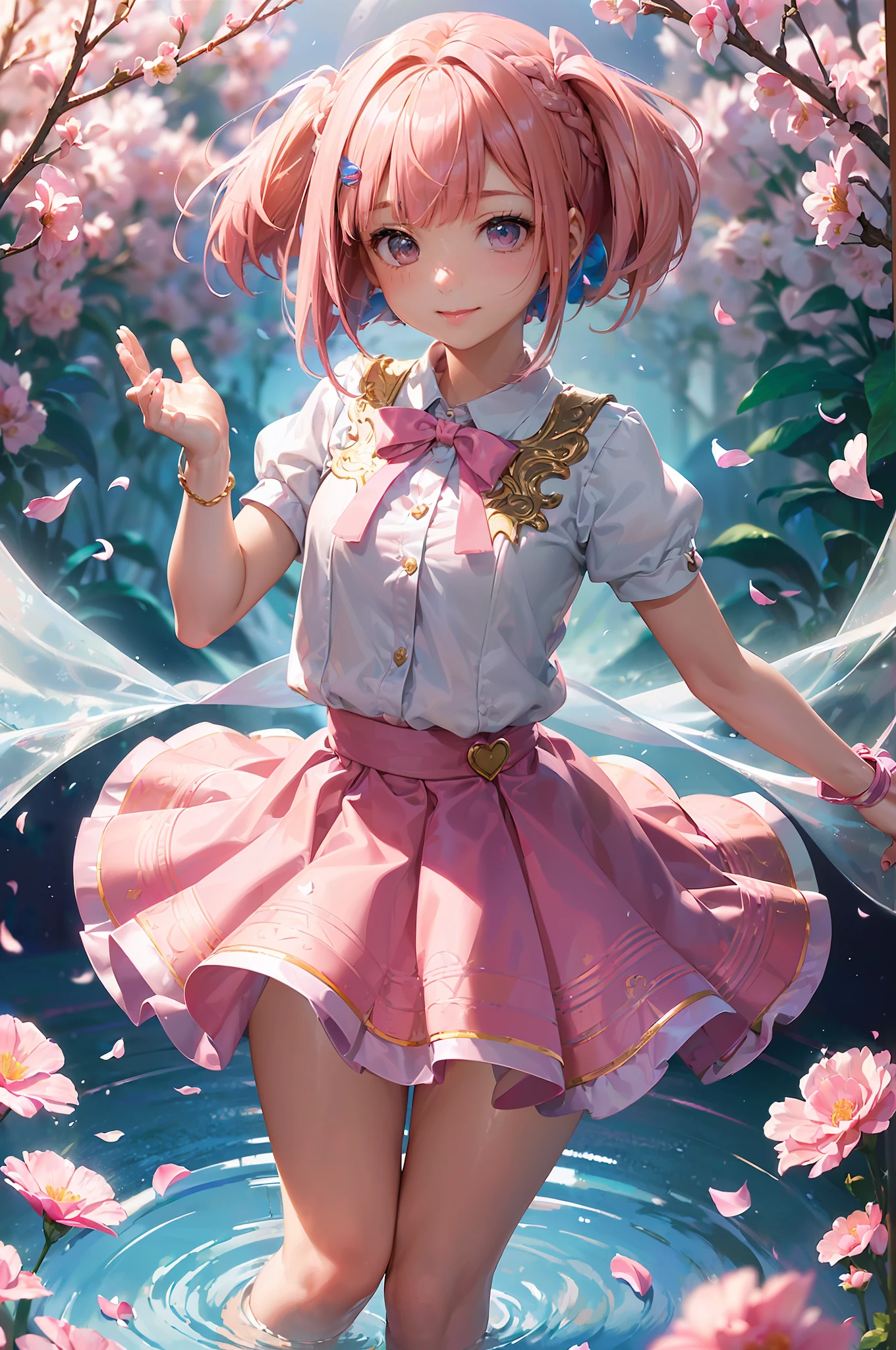 High resolution, ultra-detailed, ((((2D))), Japan person, 1 girl, 16-year-old high school girl, (((pink hair)), intricate and beautiful braided hairstyle, pink school uniform, uniform by designer, short sleeves, pink skirt, ((((bob hair)))), dull bangs, finely detailed eyes, golden ratio face, 8 lifesels, sunlight, complex iridescent light grains, complex light reflection, beautiful petal shower, Background blue sky, transparency, hidden beauty, smile, depiction with depth, full body, full of energy, looking towards the viewer, fantastic depiction, complex attraction, tenderness overflowing from within, neon, (beautiful fine petals or dancing: 1.5), little skin exposure, dynamism, (carefully drawn hands, fingers), many flowers drawn, soft skin, heart ribbon, ( Maximalism: 1.3), beautiful hands like a model