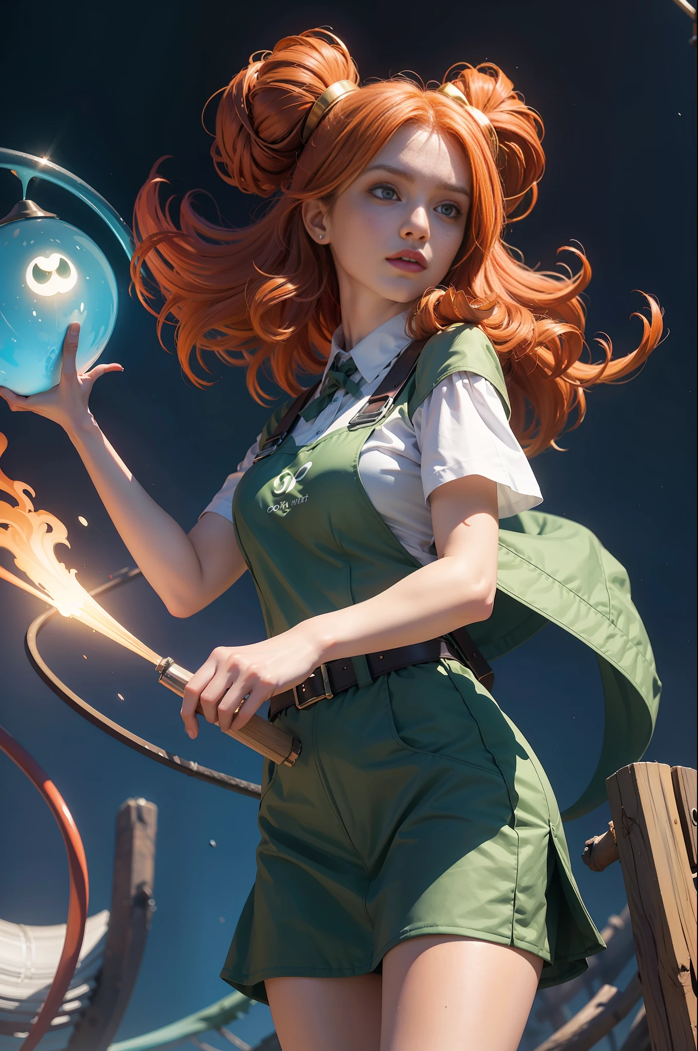 concept art, overhead angle of a Will-o'-the-wisp, wearing Funny Somali Emerald deep orange Pinafore, Caramel hair styled as Short hair, fluorescent purple Hair tie, equirectangular 360, Highres,  [(art by Willi Baumeister:1.1), (art by John T. Biggers:1.2)::17], official art, unity 8k wallpaper, ultra detailed, aesthetic, masterpiece, best quality, photorealistic