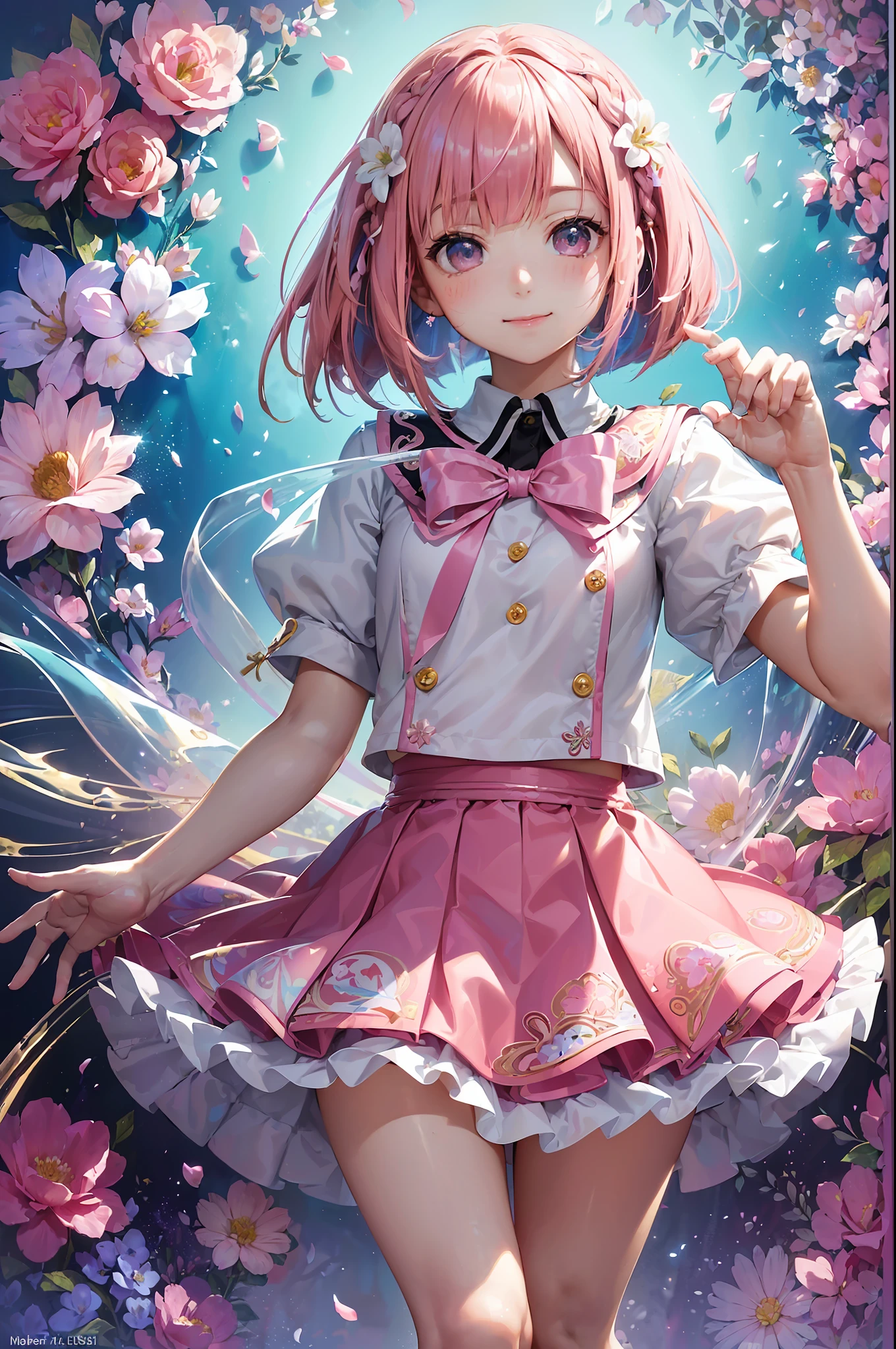 High resolution, ultra-detailed, ((((2D))), Japan person, 1 girl, 16-year-old high school girl, (((pink hair)), intricate and beautiful braided hairstyle, pink school uniform, uniform by designer, short sleeves, pink skirt, ((((bob hair)))), dull bangs, finely detailed eyes, golden ratio face, 8 lifesels, sunlight, complex iridescent light grains, complex light reflection, beautiful petal shower, Background blue sky, transparency, hidden beauty, smile, depiction with depth, full body, full of energy, looking at the viewer, fantastic depiction, complex attraction, tenderness overflowing from within, neon, (beautiful fine petals or dancing: 1.5), little skin exposure, dynamism, (carefully drawn hands, fingers: 1.4), many flowers drawn, soft skin, heart ribbon, ( Maximalism:1.4)