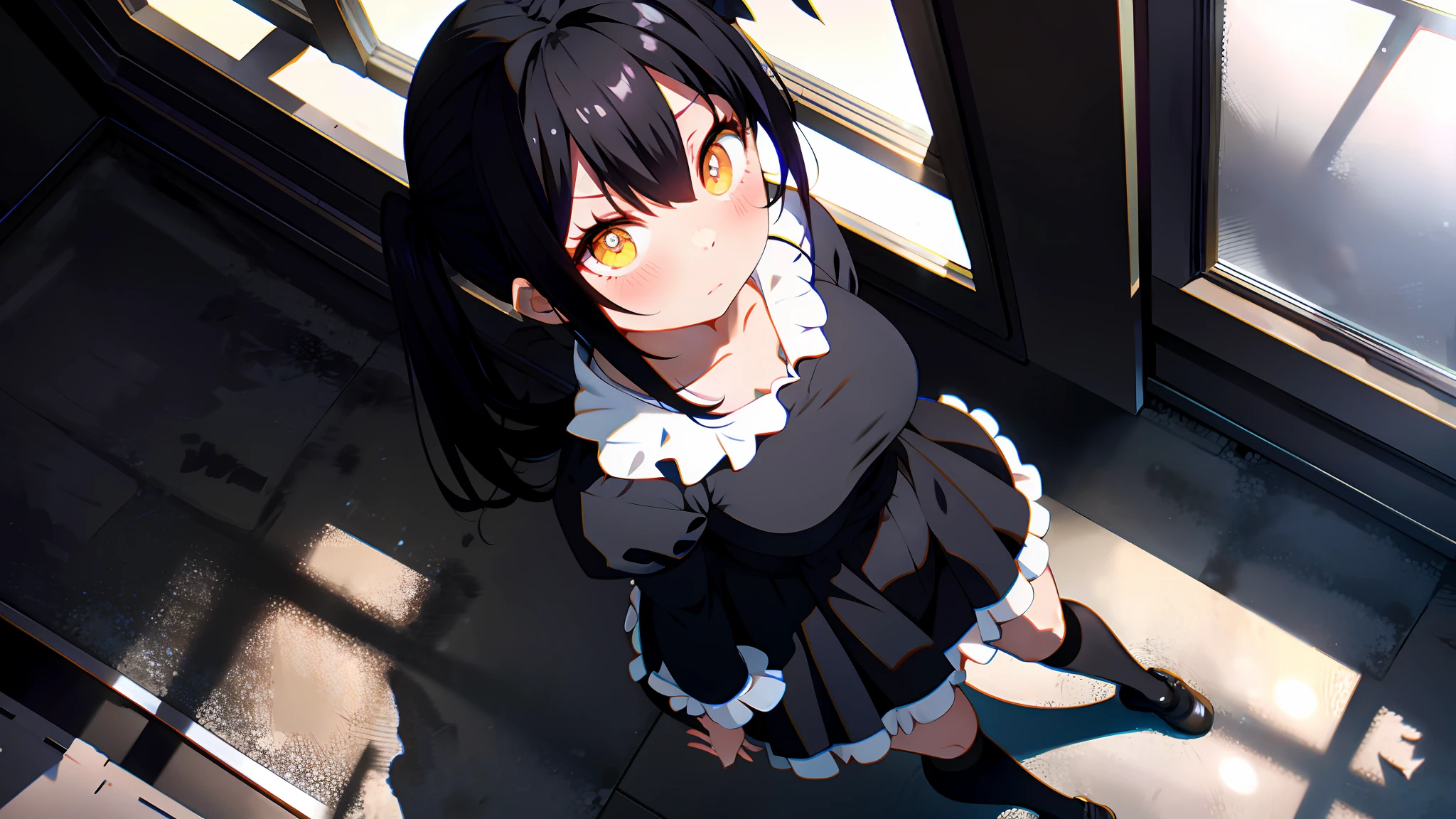 Maid outfit, standing, from above, looking at viewer, face focus, shy, bashful, yellow eyes, glowing eyes,