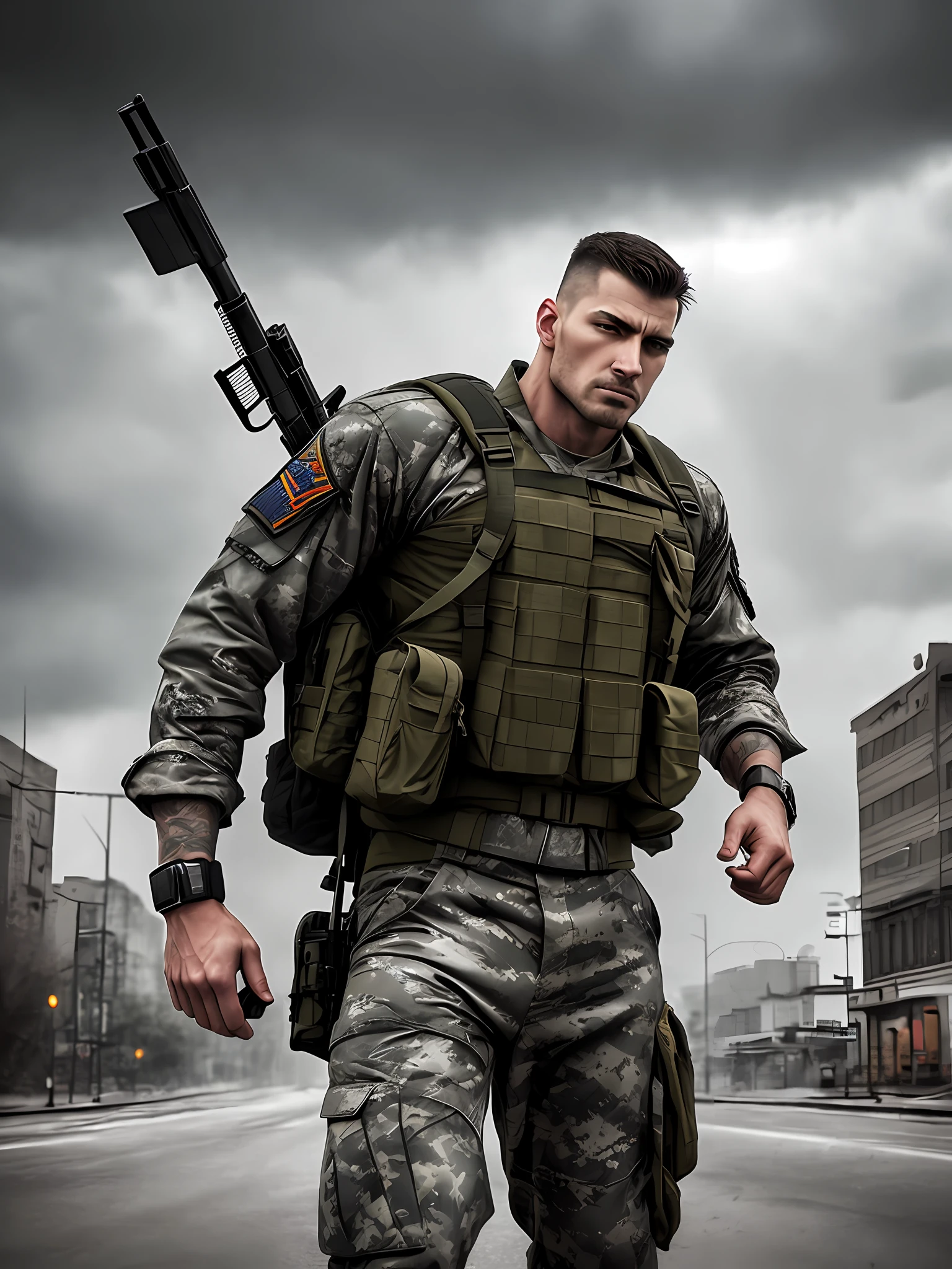 Doomsday style, strong muscular man, military uniform, street rage, backpack, gun, hunting dog, epic realism, photo, faded, street, gray sky, storm, neutral color, (((hdr)))), (muted colors)))), vignette