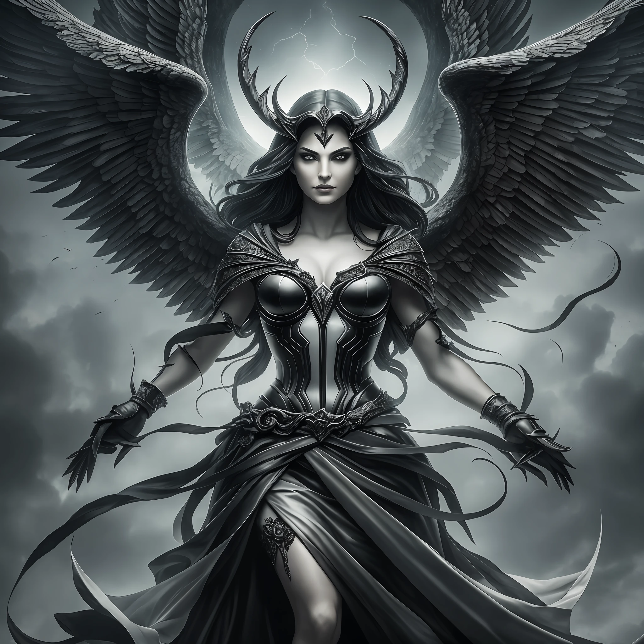 best quality, ultra detailed, masterpiece, The painting depicts a dramatic and symbolic scene, representing the eternal struggle between good and evil. The composition is dominated by a vertical central division, with the left side of the frame plunged into intense darkness, while the right side radiates a bright luminosity.
On the left side, where evil predominates, deep shades of black and dark gray create a sinister and gloomy atmosphere. Heavy clouds hang over the sky, forming a stormy whirlwind that seems to emanate an evil energy. Gnarled and blackened trees rise menacingly, their branches stretched out like claws. A dark and sinister figure, representing the personification of evil, stands out in the middle of the scene. His eyes glow with a sinister light, and his outstretched hands suggest his intent to do harm.
On the right side, where the good seeks to resist, the pallor of the white and the soft shades of gray create an aura of serenity and hope. A radiant, luminous sun illuminates the sky, scattering its rays in all directions. Tall, majestic trees, with lush, white leaves, stand in contrast to the darkness on the other side. An angelic figure, representing the personification of good, appears in the center, shrouded in an aura of bright light. His wings extend in a protective gesture, and his expression conveys courage and determination.
The dividing line between black and white is irregular and wavy, symbolizing the constant battle between opposing forces. Fragments of color appear in the transition, representing the mutual influence that good and evil have on each other.
This visually striking composition uses the symbology of black and white to express the eternal struggle between good and evil, conveying a message about the duality of human nature and the constant search for balance between opposing forces. --auto --s2