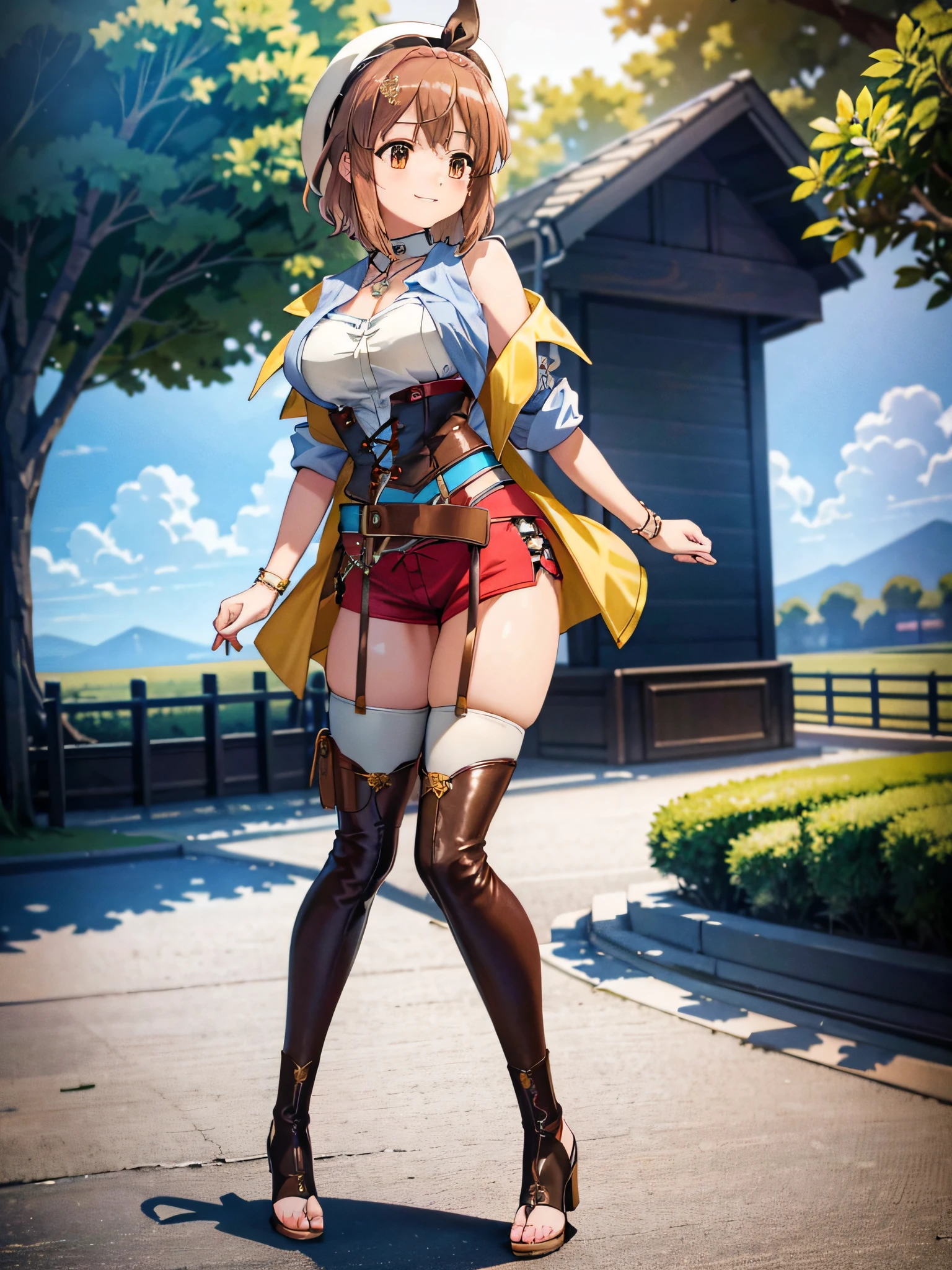 (masterpiece)), ((best quality)), (ultra-detailed), ((kawaii)), cute, (lovely), ((extremely detailed)), 4K, (8K), best quality, (beautiful),(((world-class quality))), extremely detailed, high resolution, (detailed shaded pretty face), full body, (house wife), solo, (((sagging breasts))), 1stDefault, First Clothing, bare thighs. red shorts, white and light blue sleeveless shirt, open yellow jacket, garter straps, thigh boots, leather belt, smile