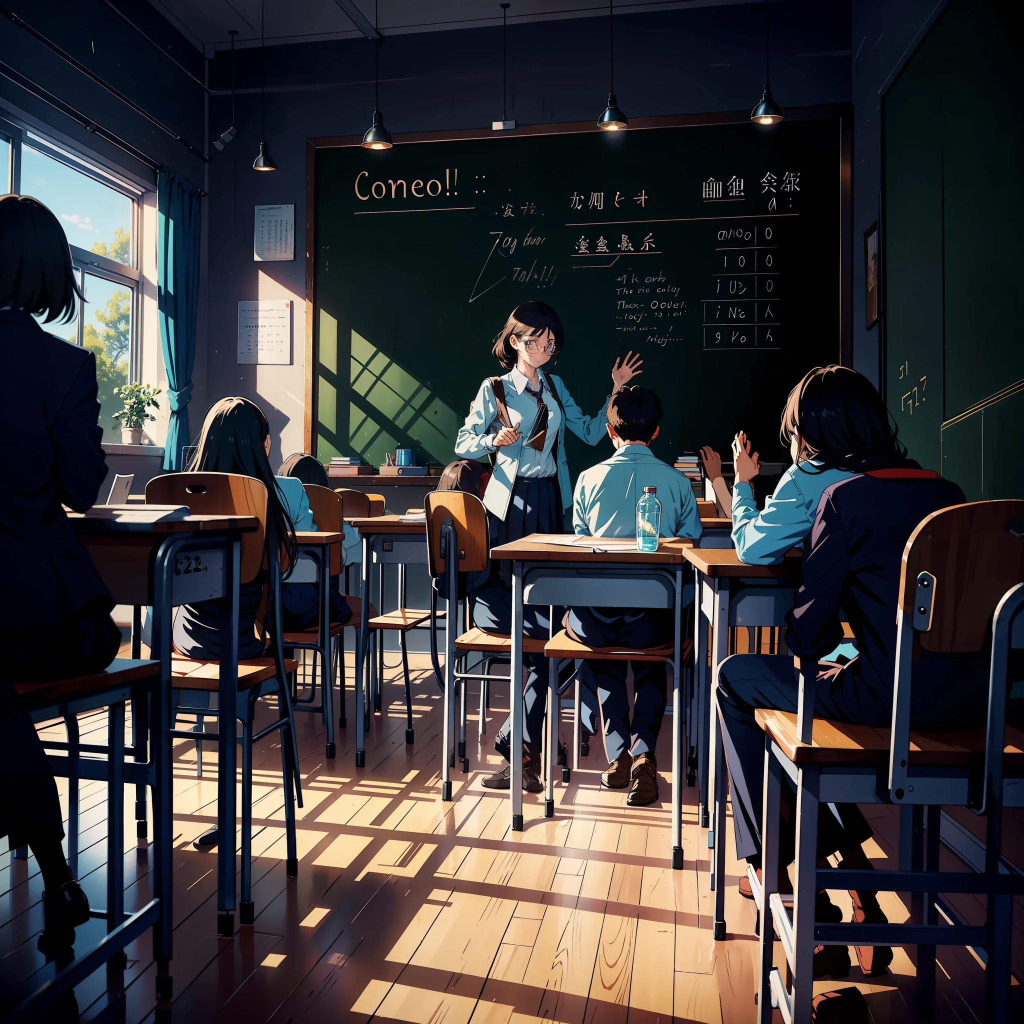 masterpiece,official art,8k, masterpiece, best quality, highly detailed,A tidy classroom, a blackboard with writing on it, a teacher standing in front of the class, a group of students sitting at their desks, a student in the front row, raising their hand to ask a question, the teacher looking at them with a smile, a clock on the wall showing the time passing by, a bookshelf in the corner of the room filled with textbooks and novels.

1teacher,1student:1.2,raising hand,blackboard with writing,group of students sitting at desks,bookshelf in corner, clock on wall.