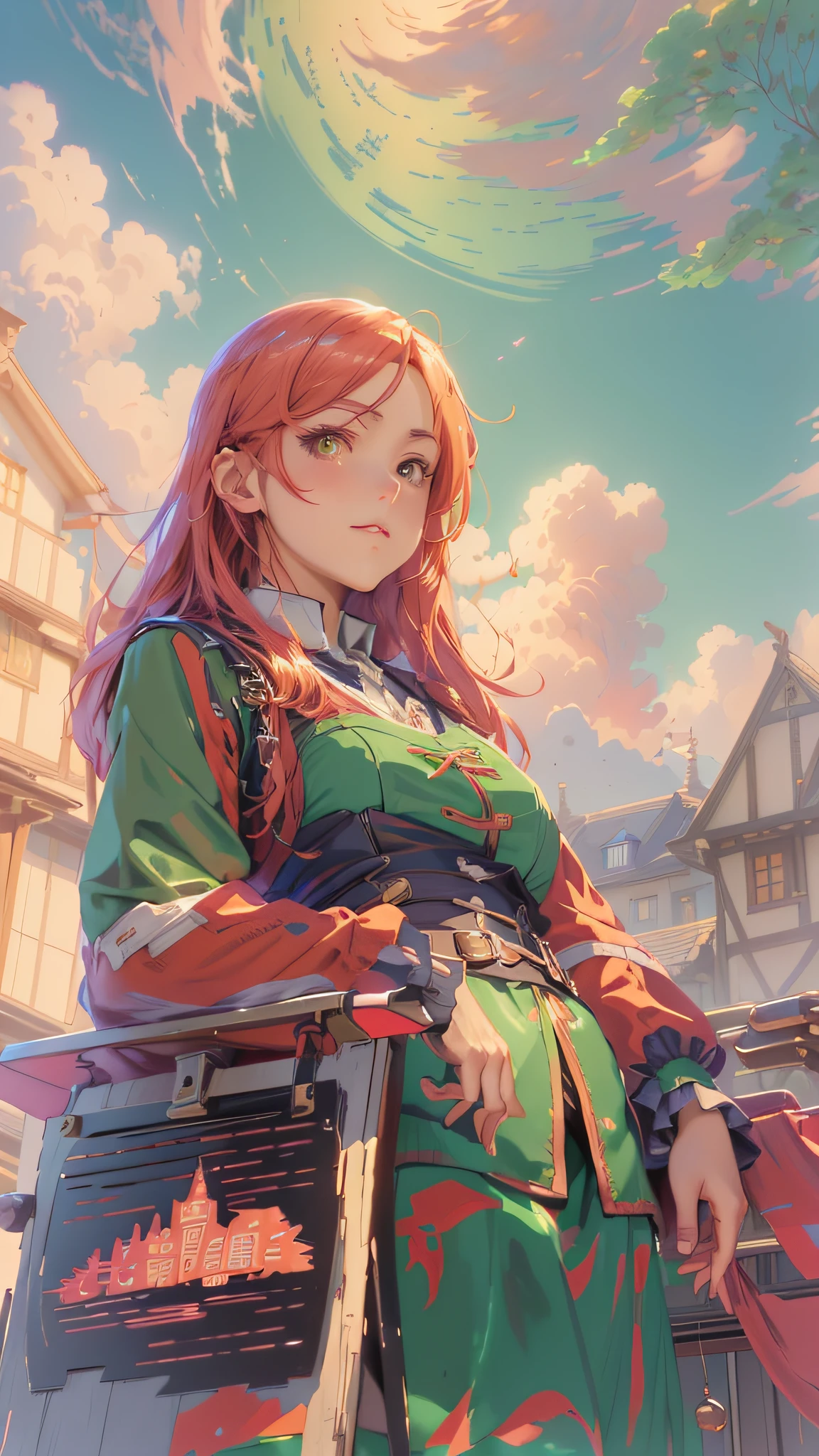 anime girl in red and green outfit standing on a balcony, official art, anime visual of a young woman, anime visual of a cute girl, official artwork, alchemist girl, marin kitagawa fanart, mushoku tensei, high detailed official artwork, crisp clear rpg portrait, official character art, marisa kirisame, by Kamisaka Sekka