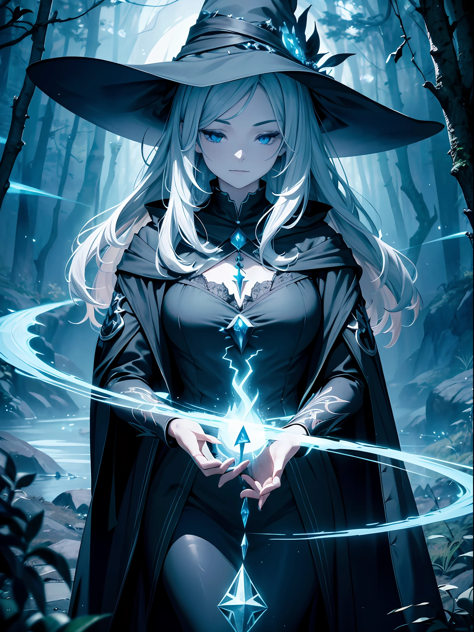 masterpiece, best quality, (extremely detailed CG unity 8k wallpaper), (best quality), (best illustration), (best shadow), BREAK The witch stands in a clearing in the depths of a dense forest, surrounded by trees and the soft glow of bioluminescent plants. She is tall and slender, with long, wavy hair that falls down her back in a cascade of dark waves. Her skin is pale and luminescent, with a faint, almost ethereal glow.
BREAK
She wears a long, flowing black cloak that billows out behind her in the wind, and beneath it, a simple black dress. She carries a tall, intricately carved staff in her left hand, its surface covered in glowing runes and symbols.
BREAK
With her right hand, the witch is casting a lightning spell, her fingers crackling with energy. A stream of bright blue lightning shoots out from her hand, illuminating the clearing and casting a stark shadow behind her.
BREAK
As she casts the spell, a small group of glowing runes flies around her, following the path of the lightning bolt. The runes are bright and colorful, floating in the air like tiny wisps of smoke. They seem to be drawn to the witch’s power, feeding on the energy of the spell.
BREAK
Despite the intense power of the spell, the witch remains calm and focused, her eyes closed in concentration. She is in complete control of the magic flowing through her, directing its energy with precision and skill. Her expression is one of intense concentration and focus, a reminder of the incredible power that can be wielded by those who master the art of magic.