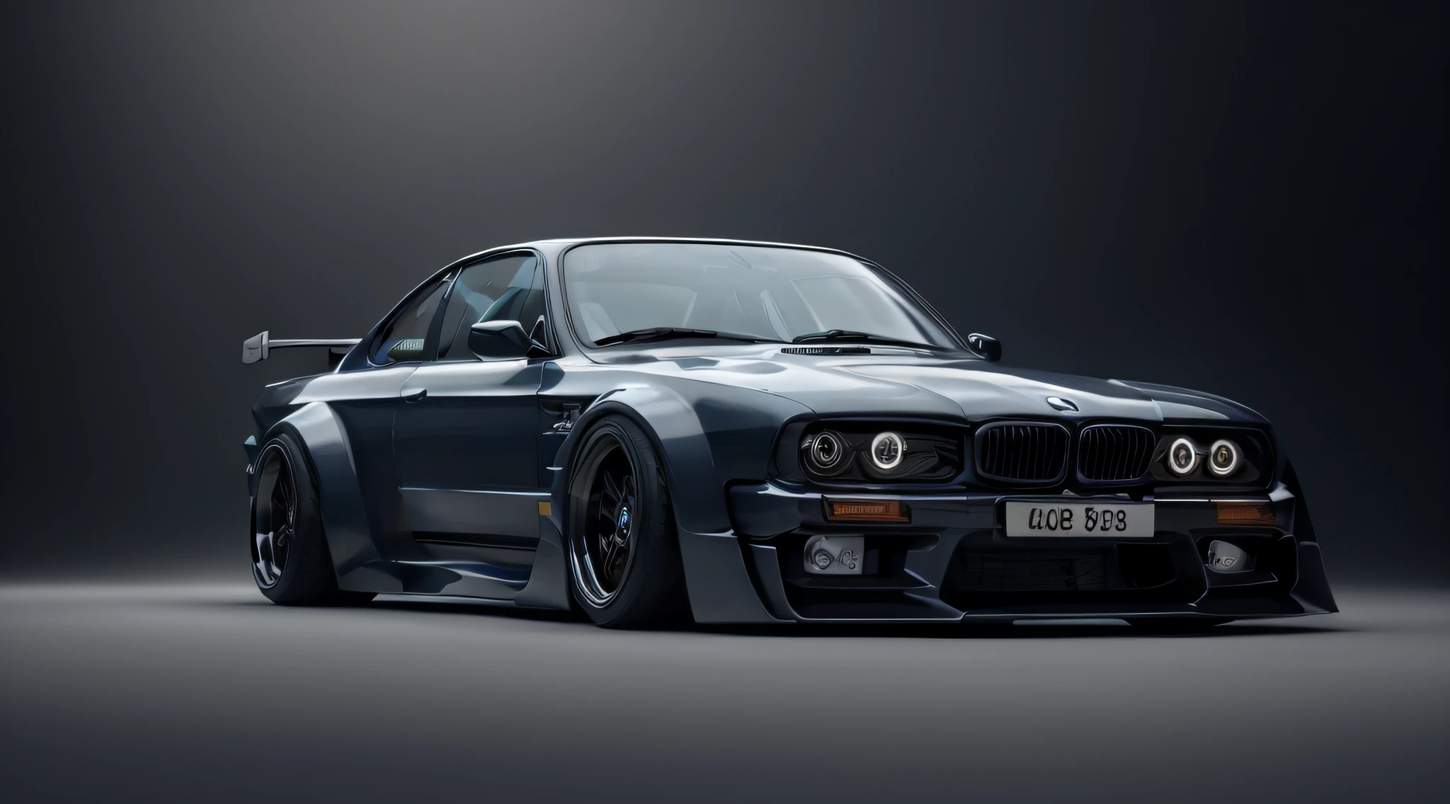BMW E40 in full tuning, futuristic design, deep shadows, dark palette, gray gradient, bright lamps, technical look, in fog, dark atmosphere.