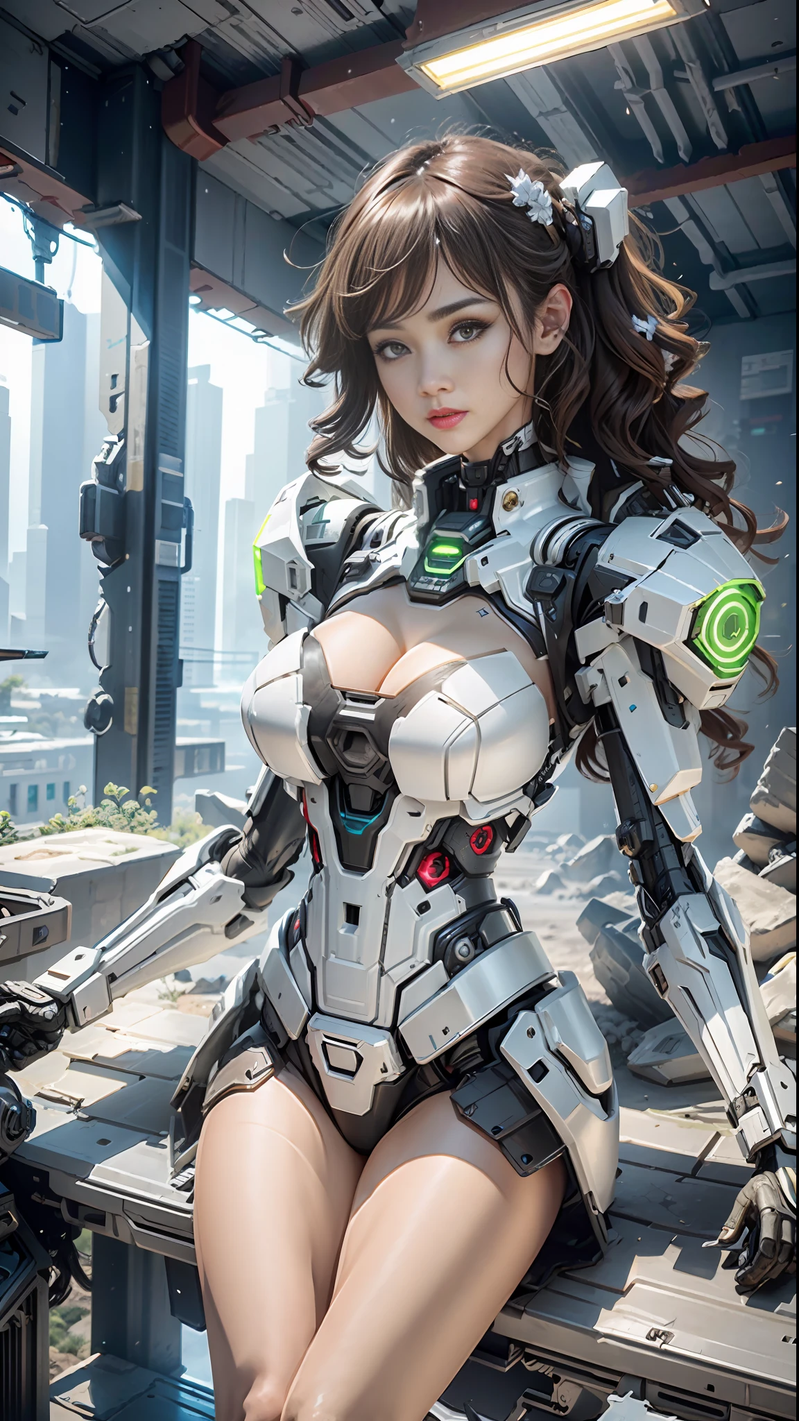 ((Best Quality)), ((Masterpiece)), (Very Detailed:1.3), 3D, Shitu-mecha, Beautiful cyberpunk woman with her mech in the ruins of a city in the forgotten war, ancient technology, HDR (High Dynamic Range), ray tracing, NVIDIA RTX, Super Resolution, Unreal 5, Subsurface scattering, PBR texture, Post processing, Anisotropic filtering, Depth of field, Maximum sharpness and sharpness, Multilayer texture, Albedo and highlight maps, Surface shading, Accurate simulation of light-material interactions, perfect ratios, octane rendering, duotone lighting, low ISO, white balance, rule of thirds, wide aperture, 8K RAW, efficient sub-pixels, subpixel convolution, luminous particles, light scattering, tyndall effect, young beautiful gravure idols, realistic young gravure idols, realistic sexy gravure idols, young gravure idols, exquisite gravure idols
