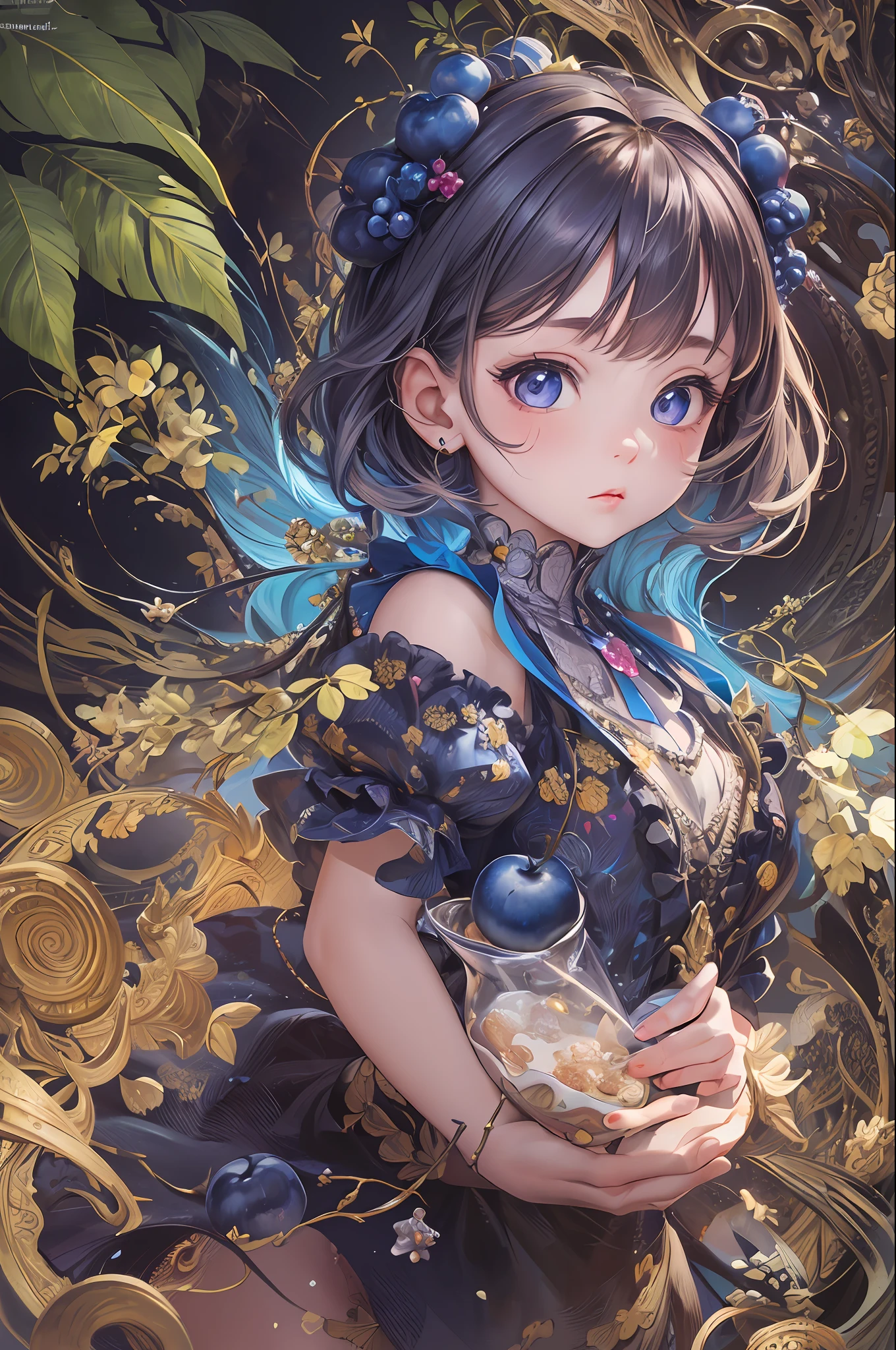 ( Absurd , High quality , ultra detailed, masterpiece, concept art, smooth, highly detailed artwork, hyper realistic painting ) tiny little girl, Dreamy , Romantic , Vivid, girl , blueberry fruits , blueberry muffin character, cute , whole body ,