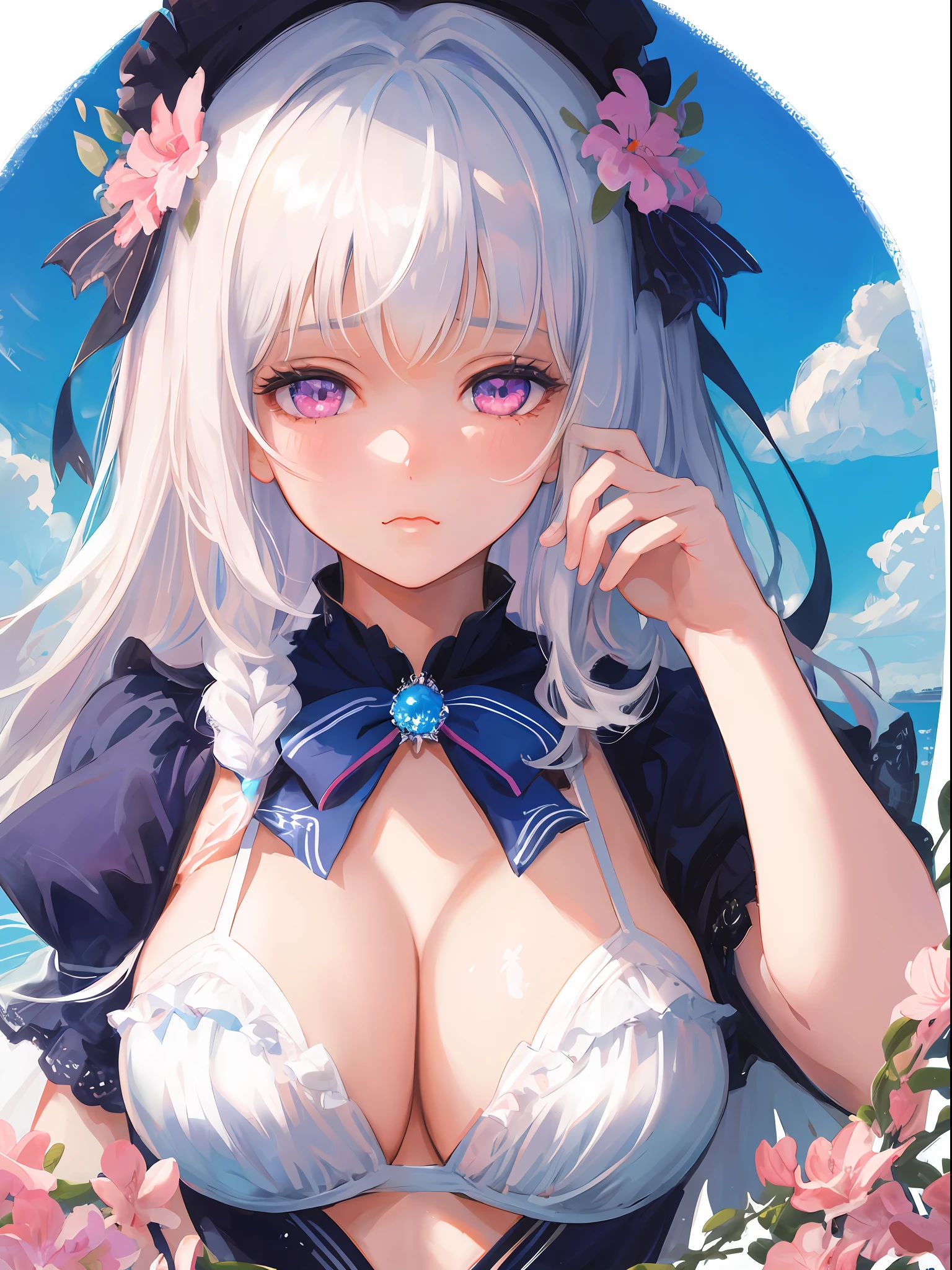 masterpiece, best quality, ultra detail, illustration,(1girl), beautiful detailed face, looking at viewer, close-up, (focusing on lower body), white hair, shy, fairy, white and blue bikini, pink eyes,naughty girl, sad face