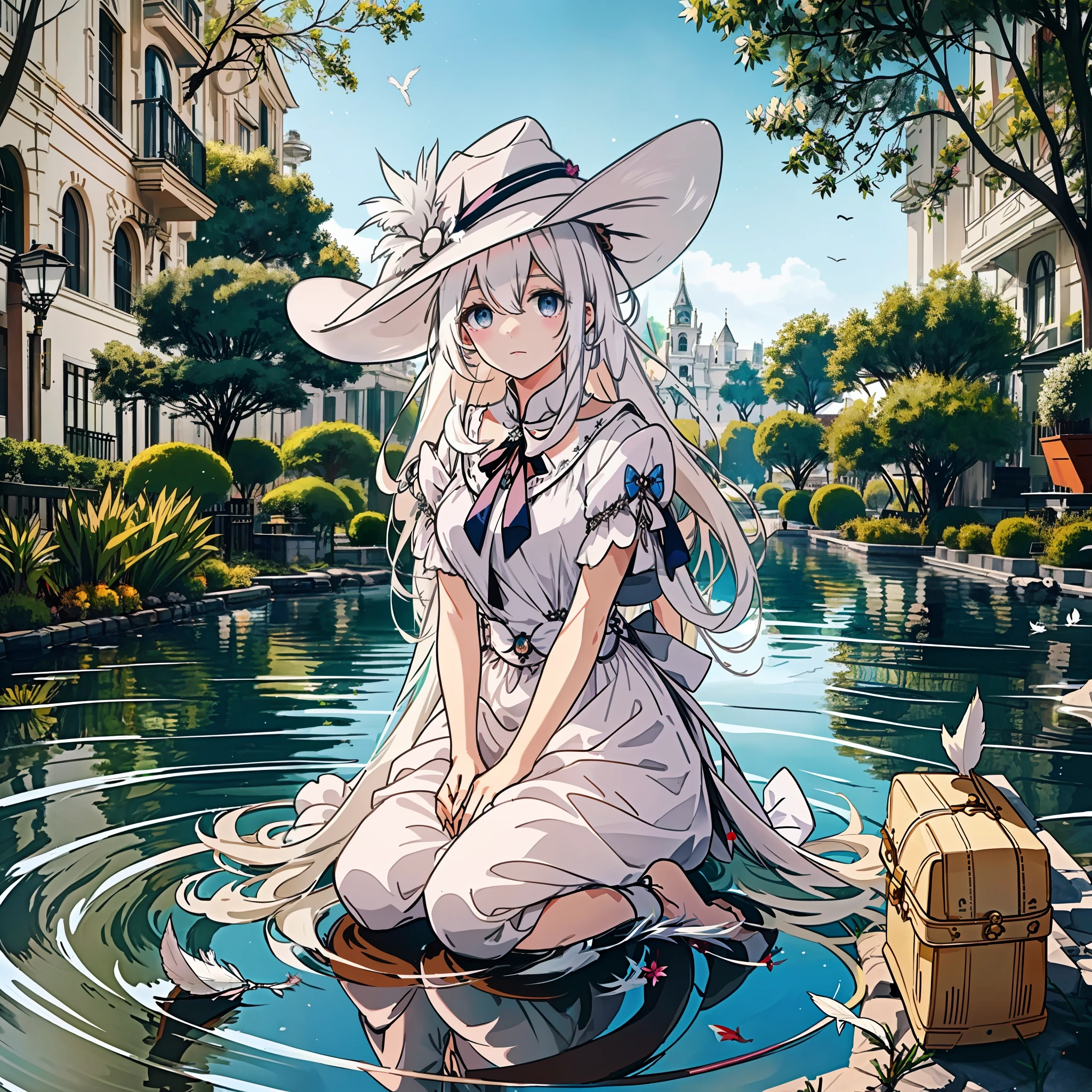 White-haired girl, empty eyes, feather ornaments, white painted hat, pale pink bag, dress, she obediently kneels on the water (hand optimization)