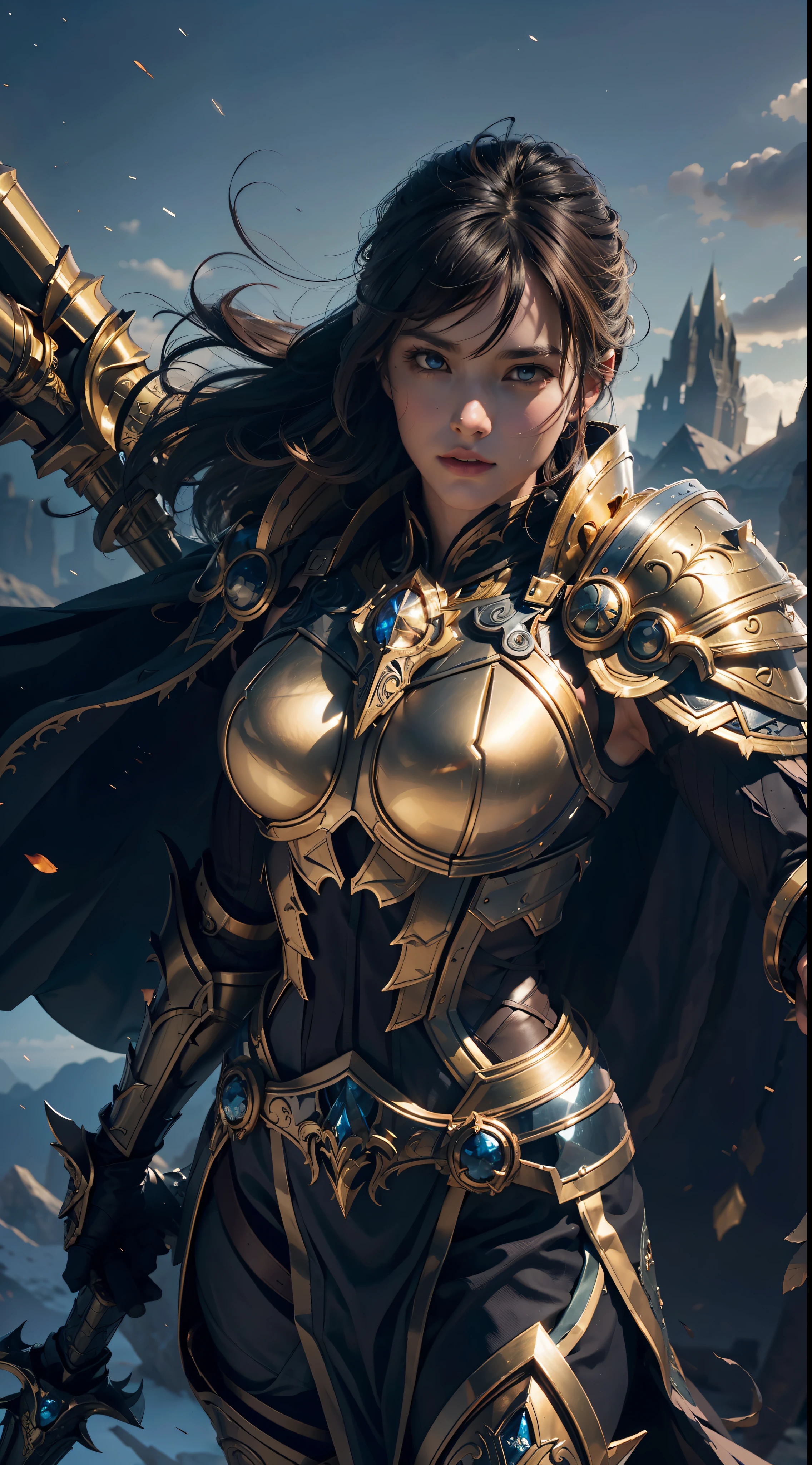 8k,ultra detailed, masterpiece, best quality, (extremely detailed), dynamic angle, Mysterious expression, wind effect, fantasy background, rim lighting, cinematic light, ultra high res, 8k uhd, film grain,best shadow, delicate, RAW, light particles, detailed skin texture, detailed armor texture, detailed face, intricate details, ultra detailed, bright, strong, golden armor, (holding hammer), smashing, smash action, pauldrons, glowing eyes, long cape, fantasy, (realistic), shoulder armor, complex, intricate, perfect lighting, looking at viewer, cinematic lighting, flying in sky,flying, holy light, vivid, bangs, windy