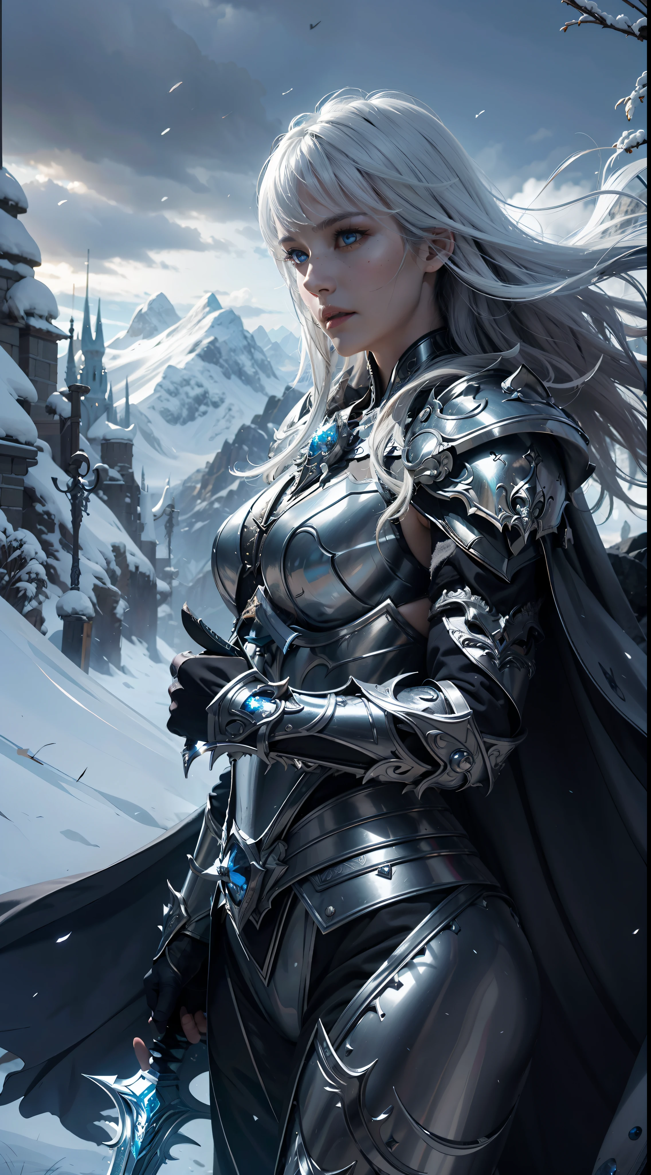 8k,ultra detailed, masterpiece, best quality, (extremely detailed), dynamic angle, Mysterious expression, wind effect, fantasy background, rim lighting, cinematic light, ultra high res, 8k uhd, film grain,best shadow, delicate, RAW, light particles, detailed skin texture, detailed armor texture, detailed face, intricate details, ultra detailed, bright, strong, silver armor, (holding weapon), slashing, slash action, pauldrons, glowing eyes, long cape, fantasy, (realistic), shoulder armor, complex, intricate, perfect lighting, looking at viewer, cinematic lighting, flying in sky,flying, holy light, vivid, bangs, windy, frozen mountains, long white wavy hair, lich queen