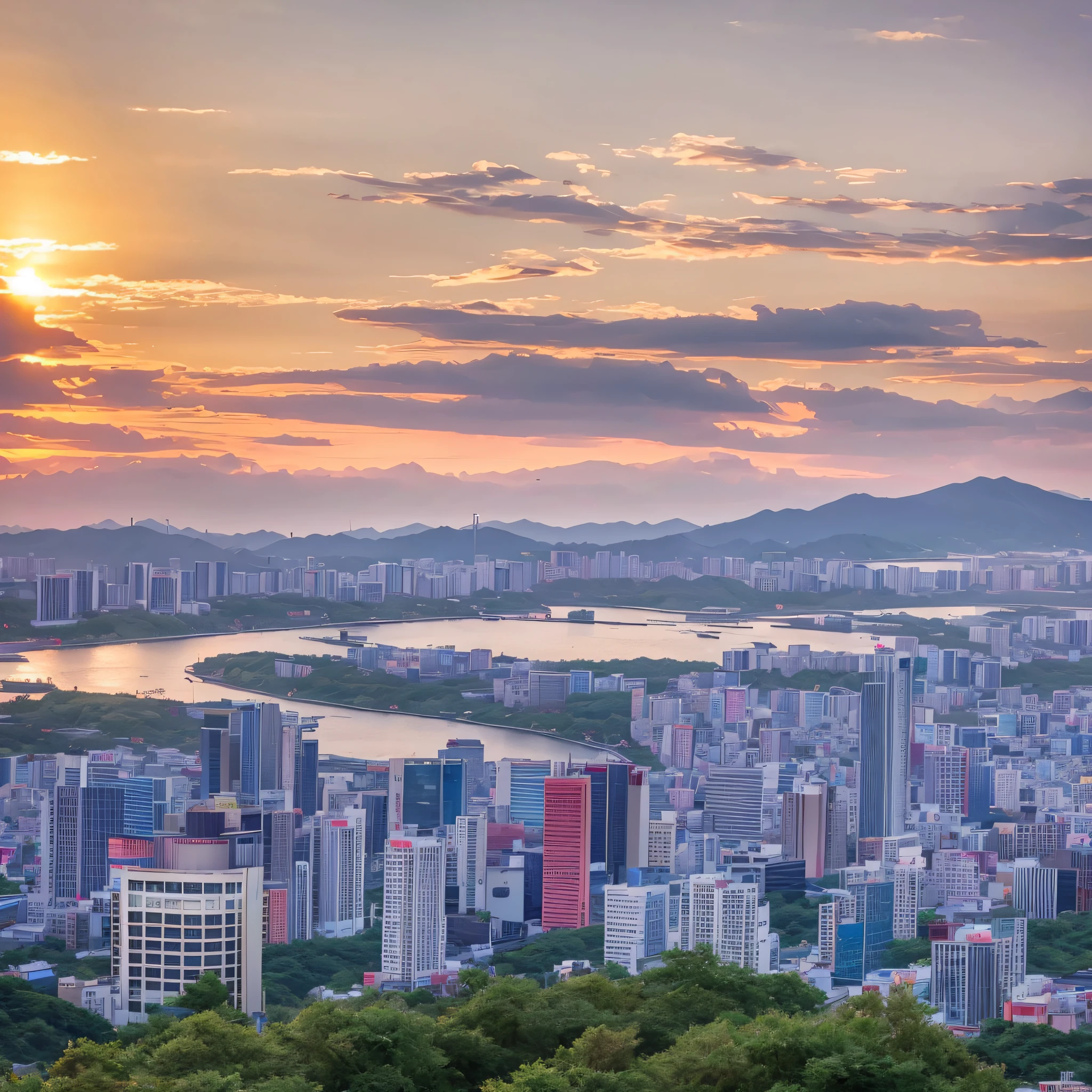 Seoul, South Korea, looking from the top of the hill where you can see the Lotte Tower, the sea of clouds takes over the city, and the sun hangs on the top of the tower, sunset. Fantastic and beautiful, --auto --s2