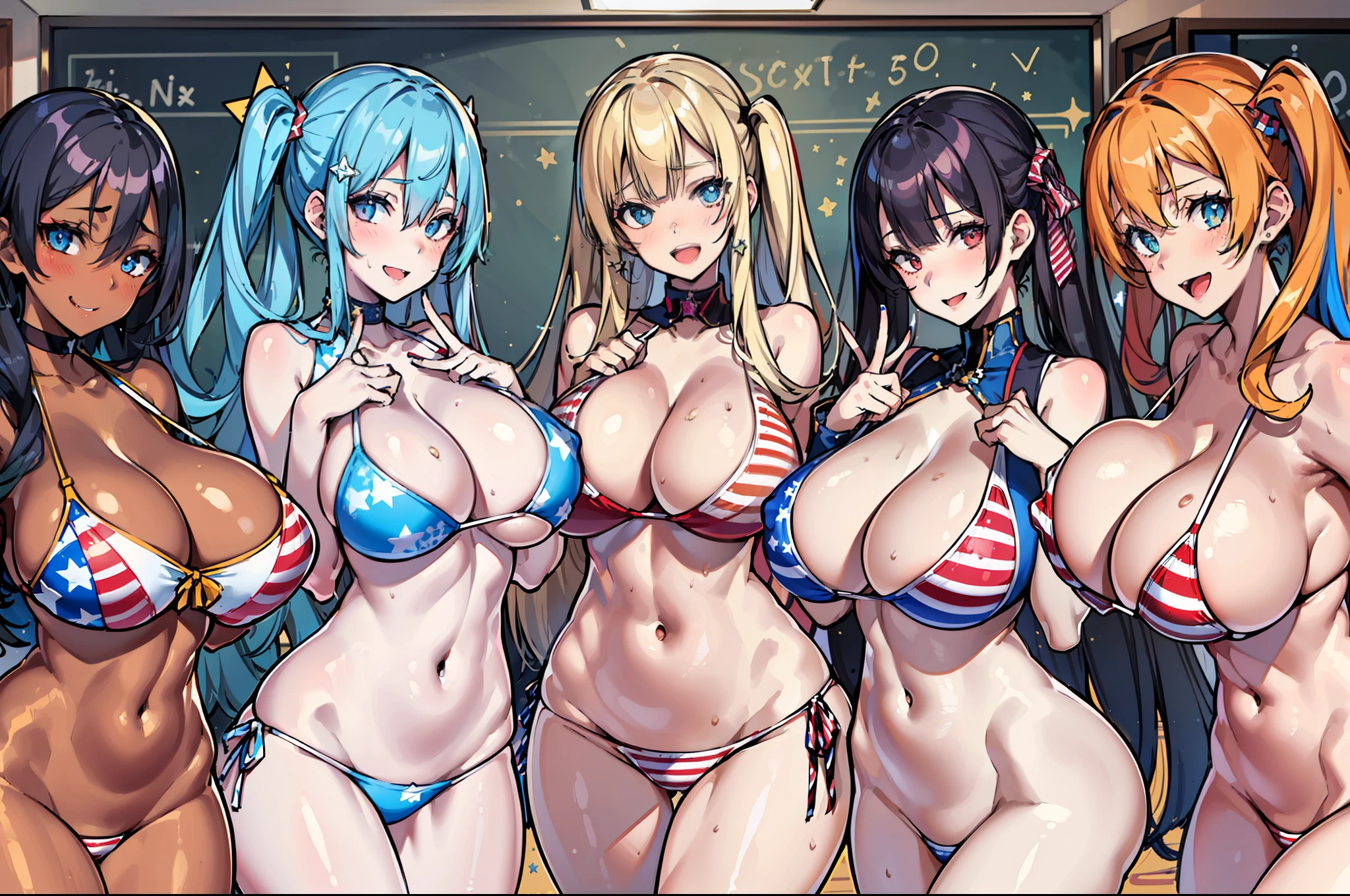 (Masterpiece), Best Quality, Hi-Res, NSFW, (Illustration, Colorful:1.2), (5 girls, Group photo:1.4), (Complex High Detail Body:1.1), (Slim Body:1.1), (Big:1.5), (Dark Skin:1.1)(Muscle:1.2), Blonde Hair, Twin Tails, (Open Mouth, Happy Smile:1.2),Wink, Peace Sign, ( Stars and Stripes bikini:1.1), Cowboy Shot, (Classroom:1.1), Blackboard