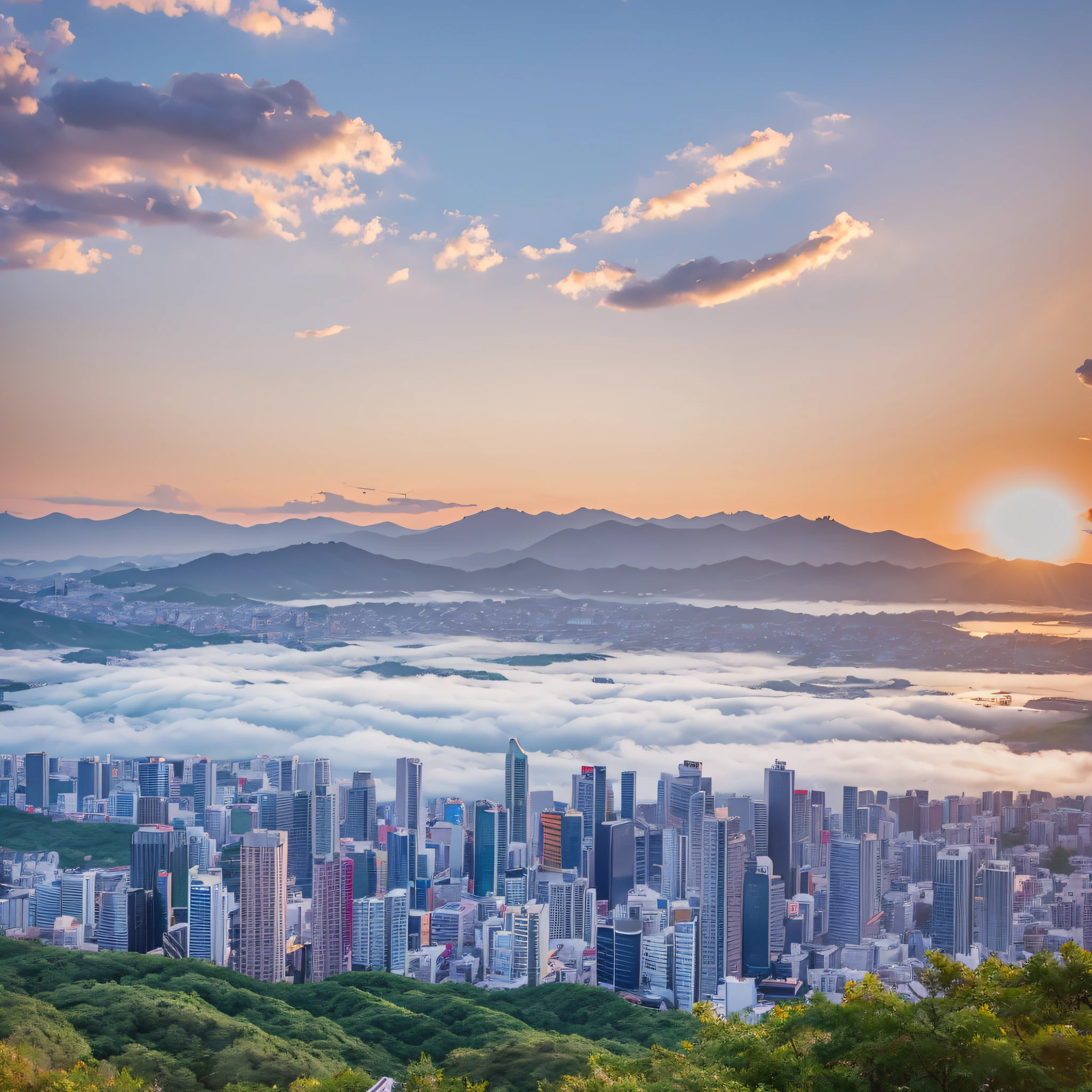 Seoul, South Korea, looking from the top of the hill where you can see the Lotte Tower, the sea of clouds takes over the city, and the sun hangs on the top of the tower, sunset. Fantastic and beautiful, --auto --s2