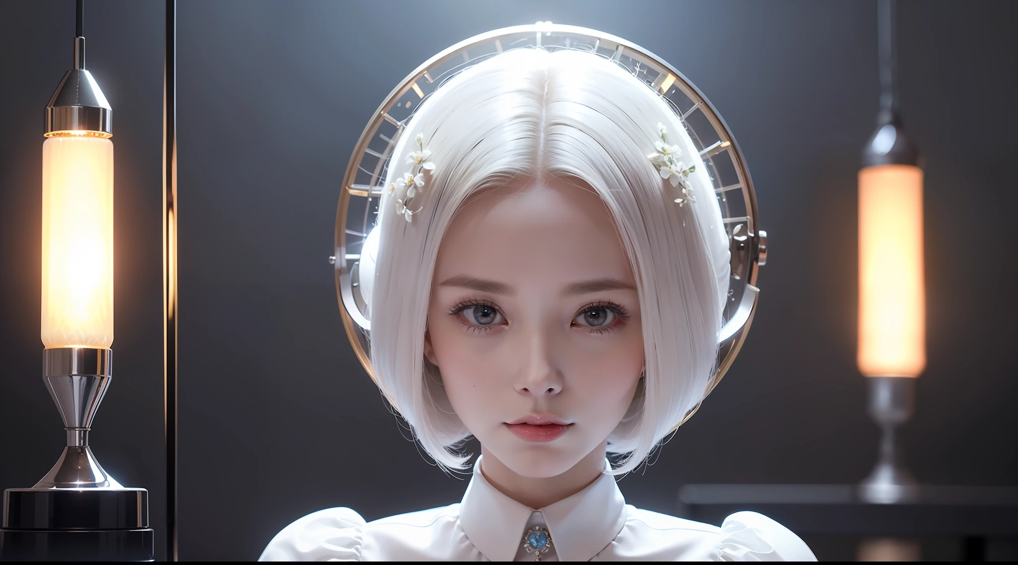 technological advances in education, elegant white clothes, futuristic environment, (dark private office, melancholy dark light: 1.2) (beautiful and elegant face), (detailed skin), (oil: 0.6), (tesla coil: 0.4), (Nixie tube: 0.8), (highly detailed, hyperdetailed, intricate), (flowering: 0.4), soft lighting, (side lighting: 0.8), 8k
