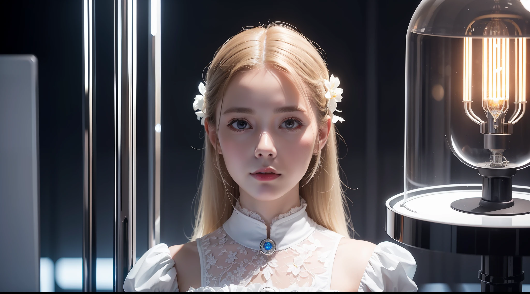 technological advances in education, elegant white clothes, futuristic environment, (dark private office, melancholy dark light: 1.2) (beautiful and elegant face), (detailed skin), (oil: 0.6), (tesla coil: 0.4), (Nixie tube: 0.8), (highly detailed, hyperdetailed, intricate), (flowering: 0.4), soft lighting, (side lighting: 0.8), 8k