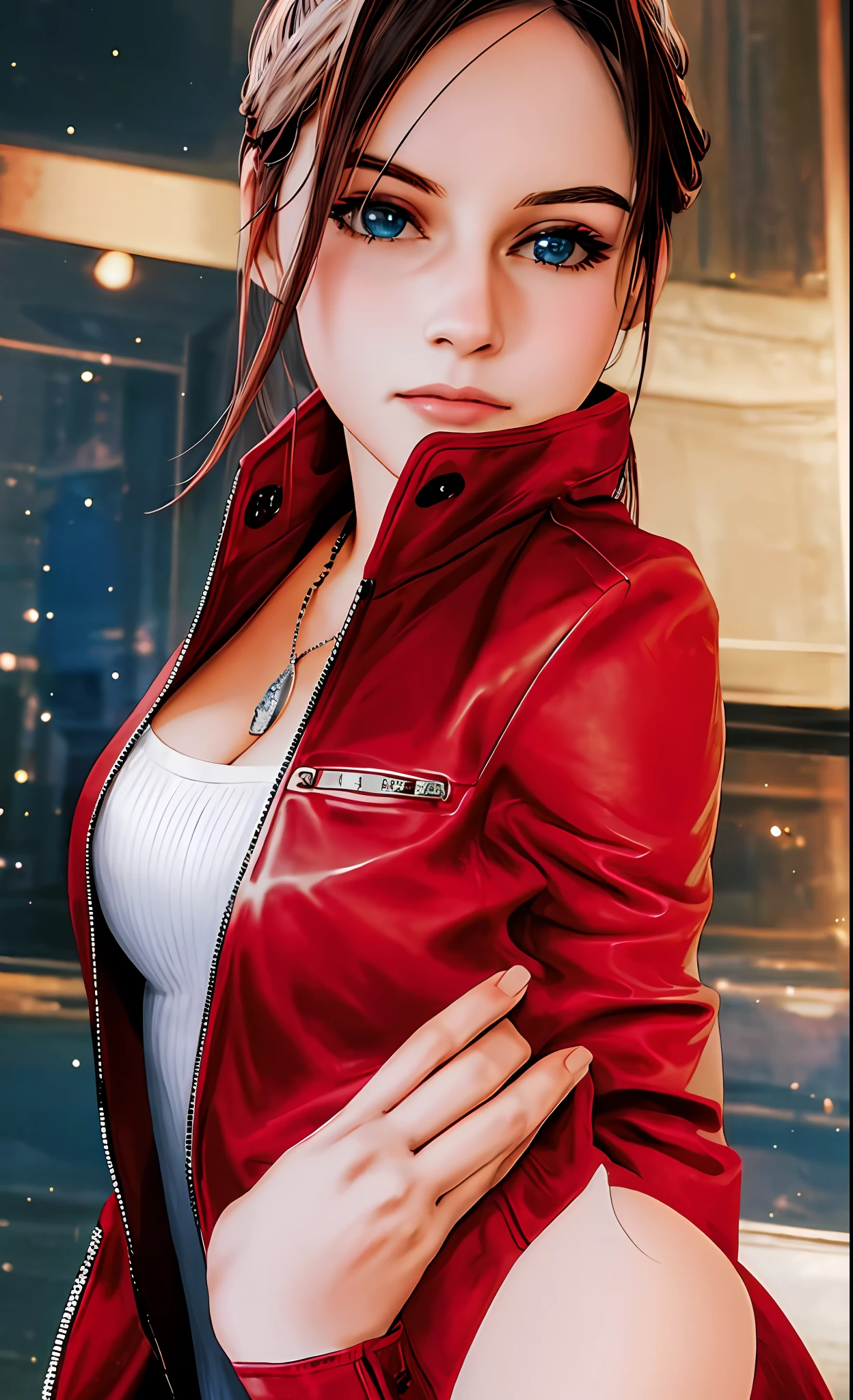 beautiful, masterpiece, best quality, extremely detailed face, perfect lighting, 1girl, solo, cowboy shot, claired, red jacket, white tight dress, night city