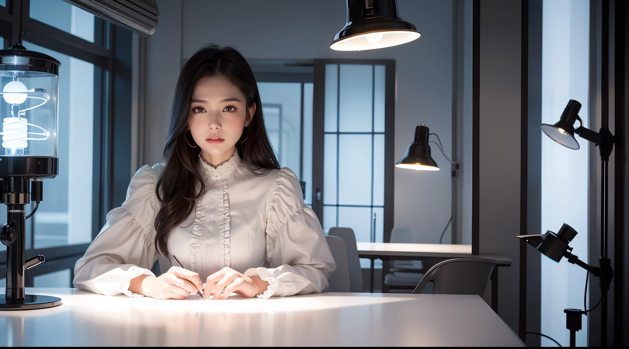 technological advances in education, elegant white clothes, futuristic environment, (dark private office, melancholy dark light: 1.2) (beautiful and elegant face), (detailed skin), (oil: 0.6), (tesla coil: 0.4), (Nixie tube: 0.8), (highly detailed, hyperdetailed, intricate), (flowering: 0.4), soft lighting, (side lighting: 0.8), 8k