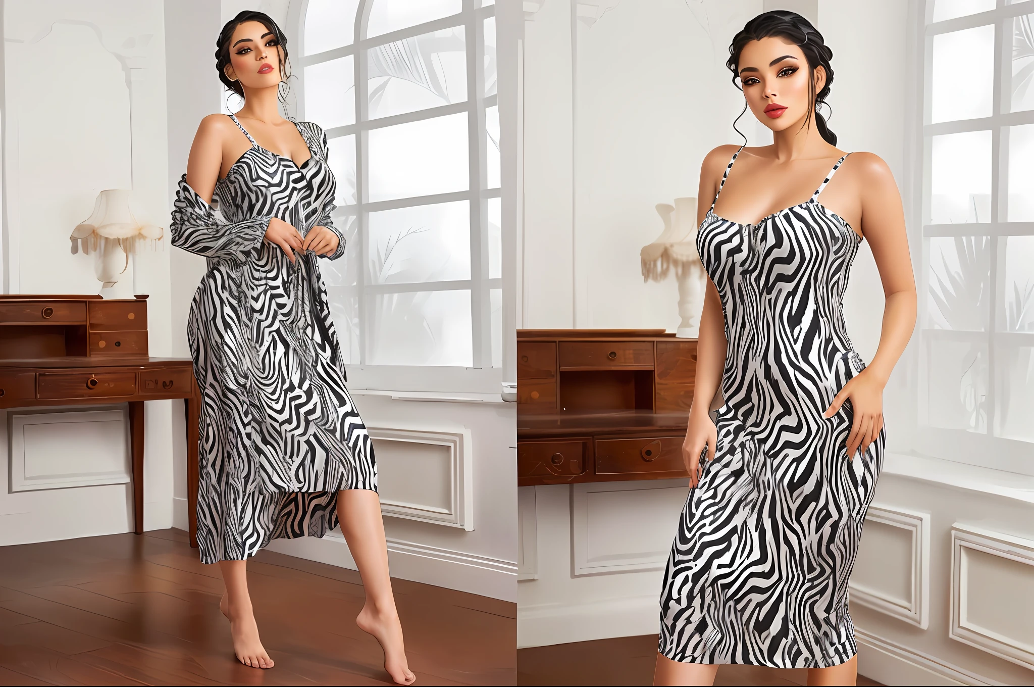 araffe woman in a zebra print dress standing in a room, black-white skintight robes!, beautiful, gorgeous, robes, black and white clothes, cute, graphic print, very cute, 3 - piece, flirty, sleek robes, full length view, zebra, # 0 1 7 9 6 f, front and back, satin, wearing a nightgown --auto --s2